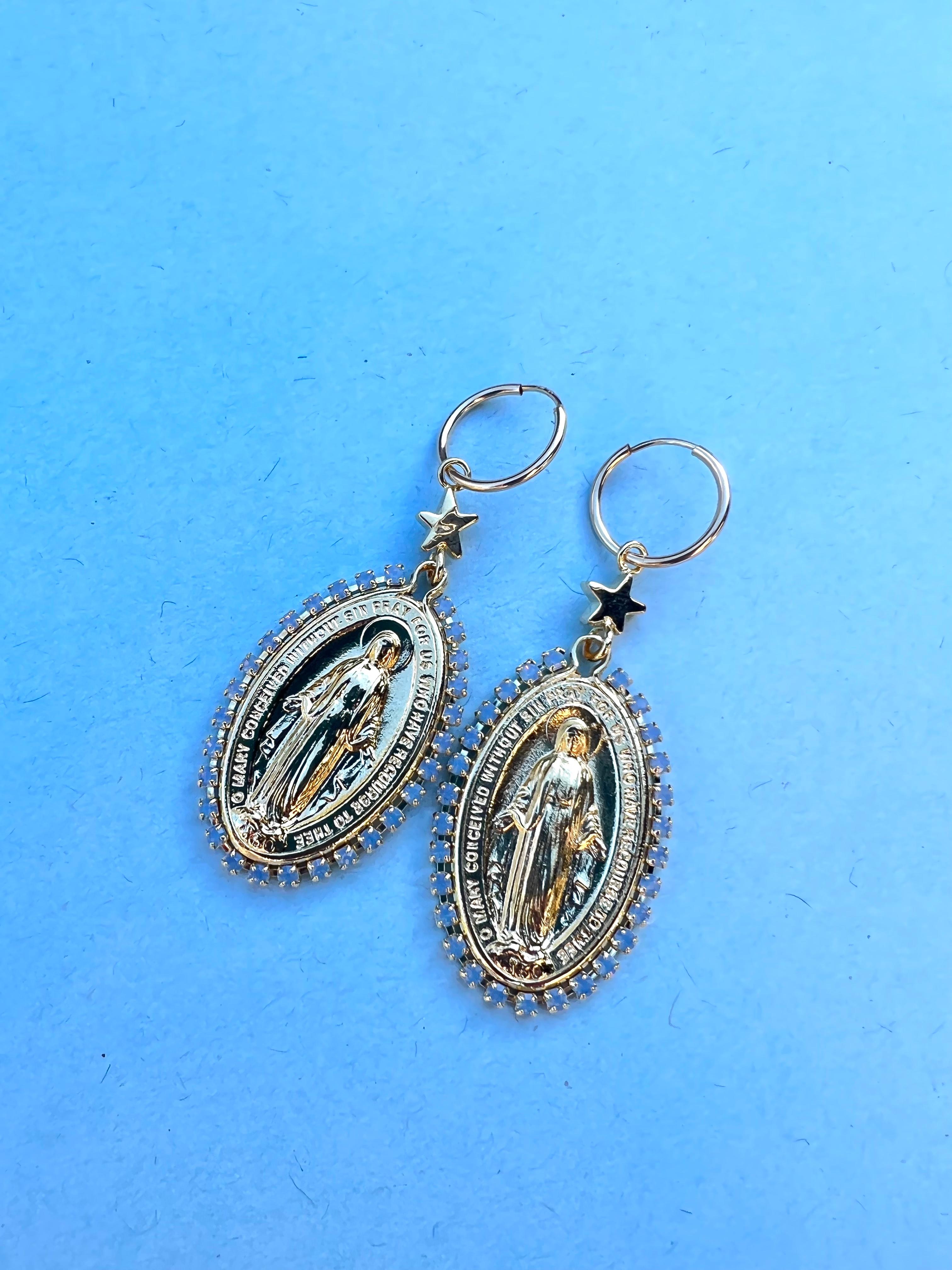 Medal Hoops Religious Virgin Mary Crystal Rhinestone Light Blue J Dauphin In New Condition In Los Angeles, CA