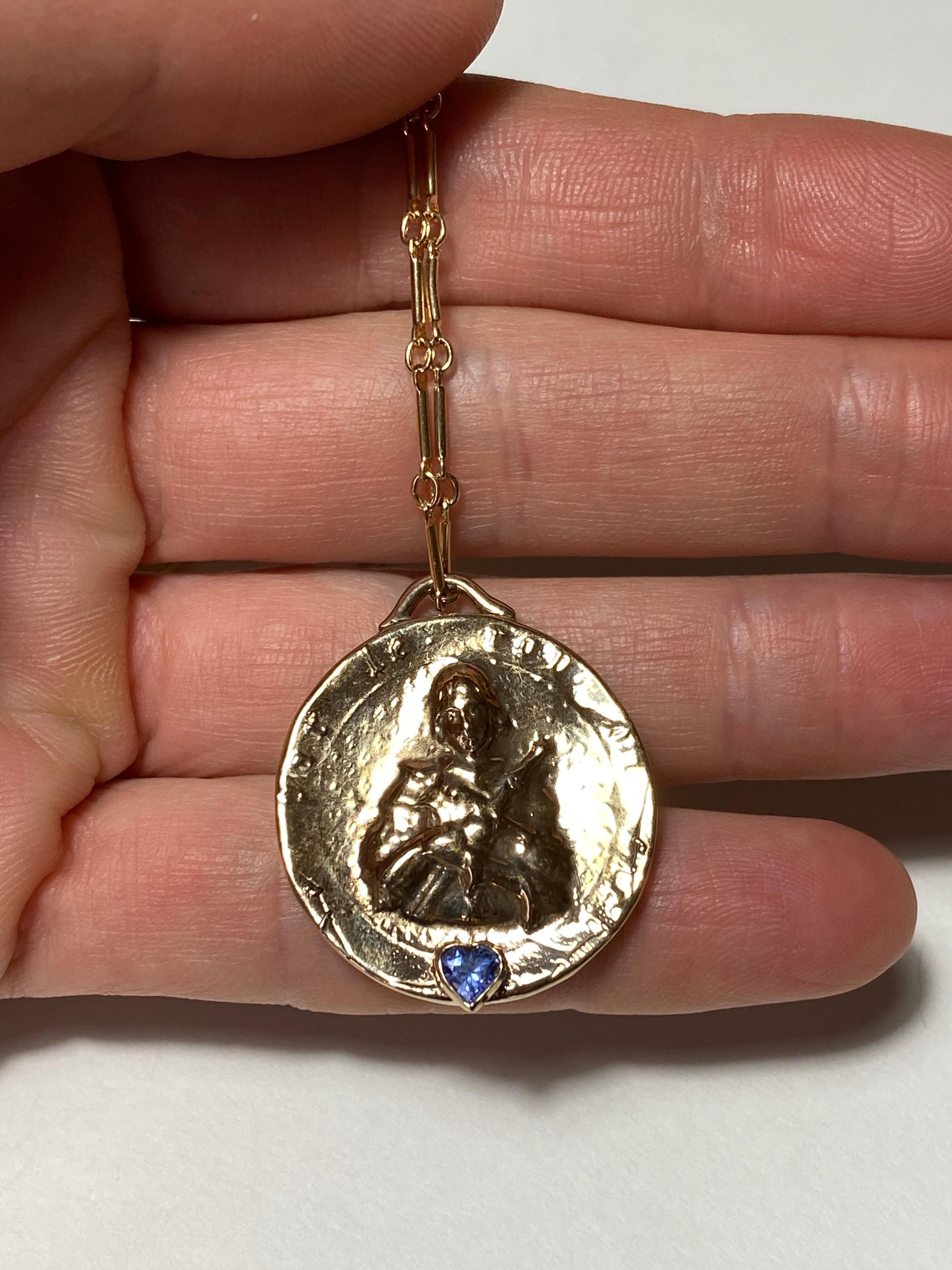 Contemporary Medal Long Chain Necklace Joan of Arc Tanzanite Heart For Sale