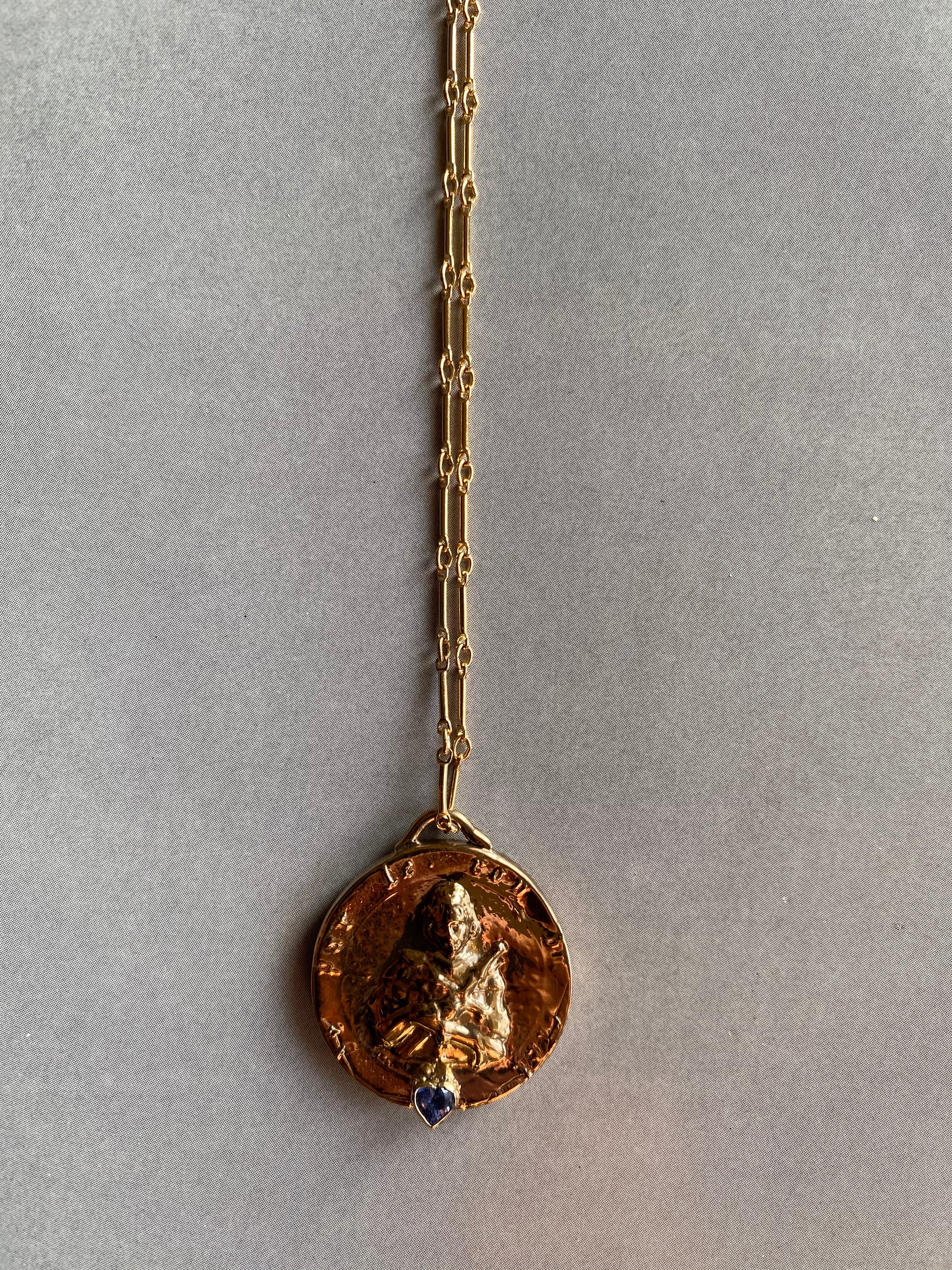 Heart Cut Medal Long Chain Necklace Joan of Arc Tanzanite Heart For Sale