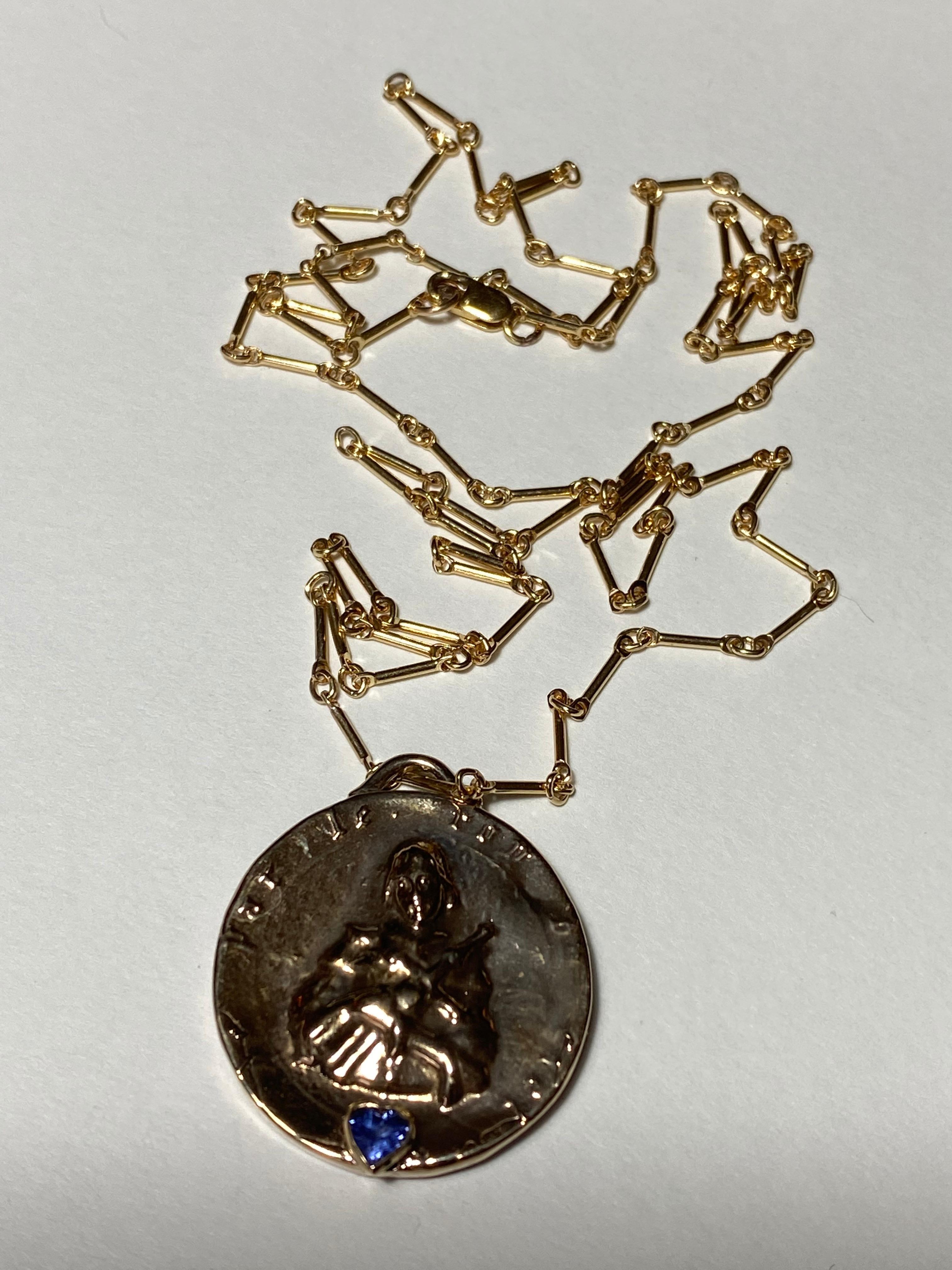Medal Long Chain Necklace Joan of Arc Tanzanite Heart In New Condition For Sale In Los Angeles, CA