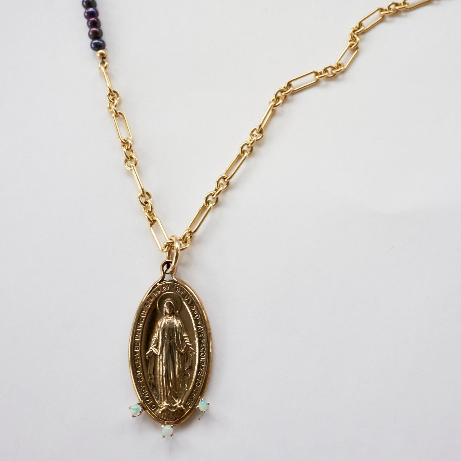 Contemporary Gold-Filled Virgin Mary Opal Prong Set Necklace Black Pearl Bead For Sale