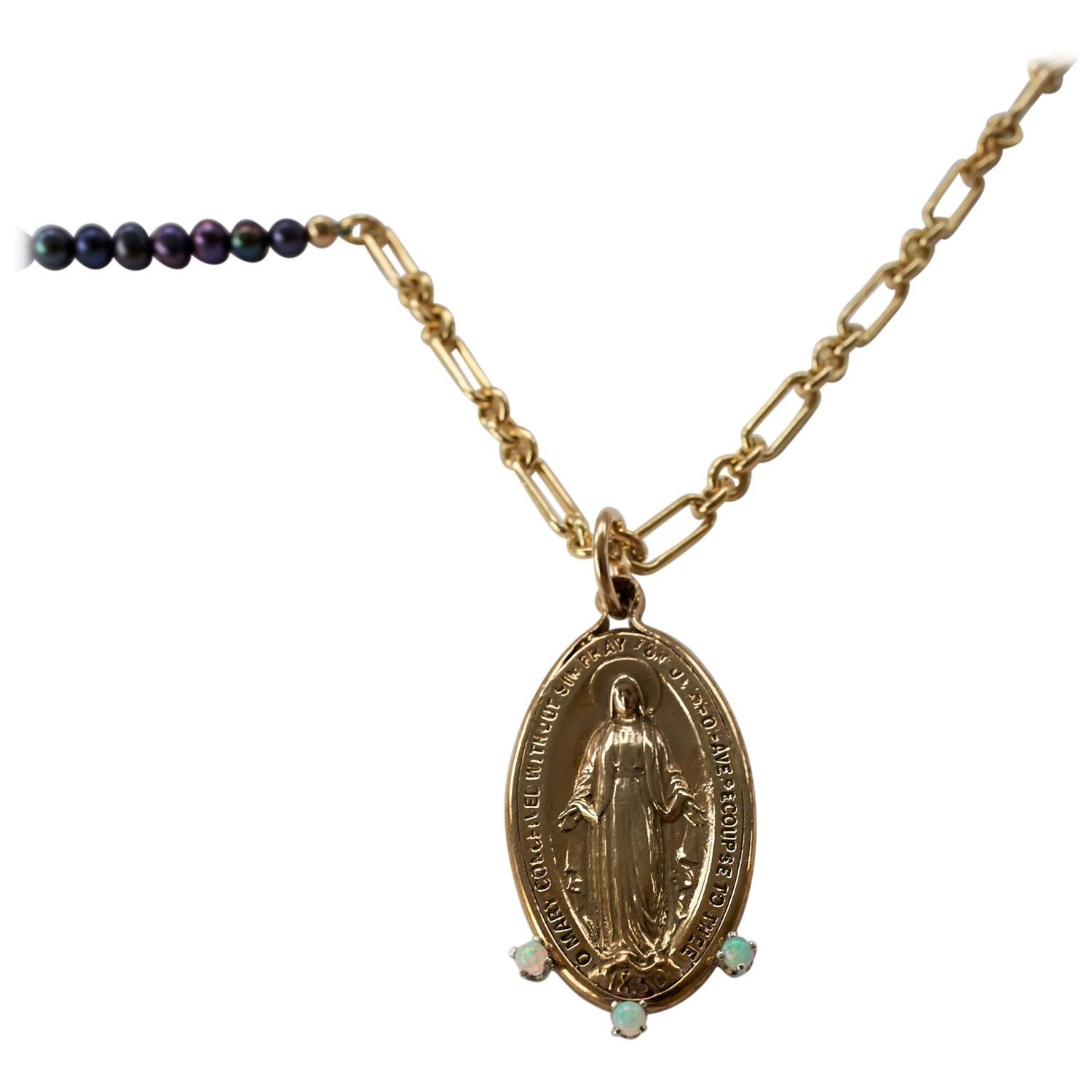 Gold-Filled Virgin Mary Opal Prong Set Necklace Black Pearl Bead For Sale