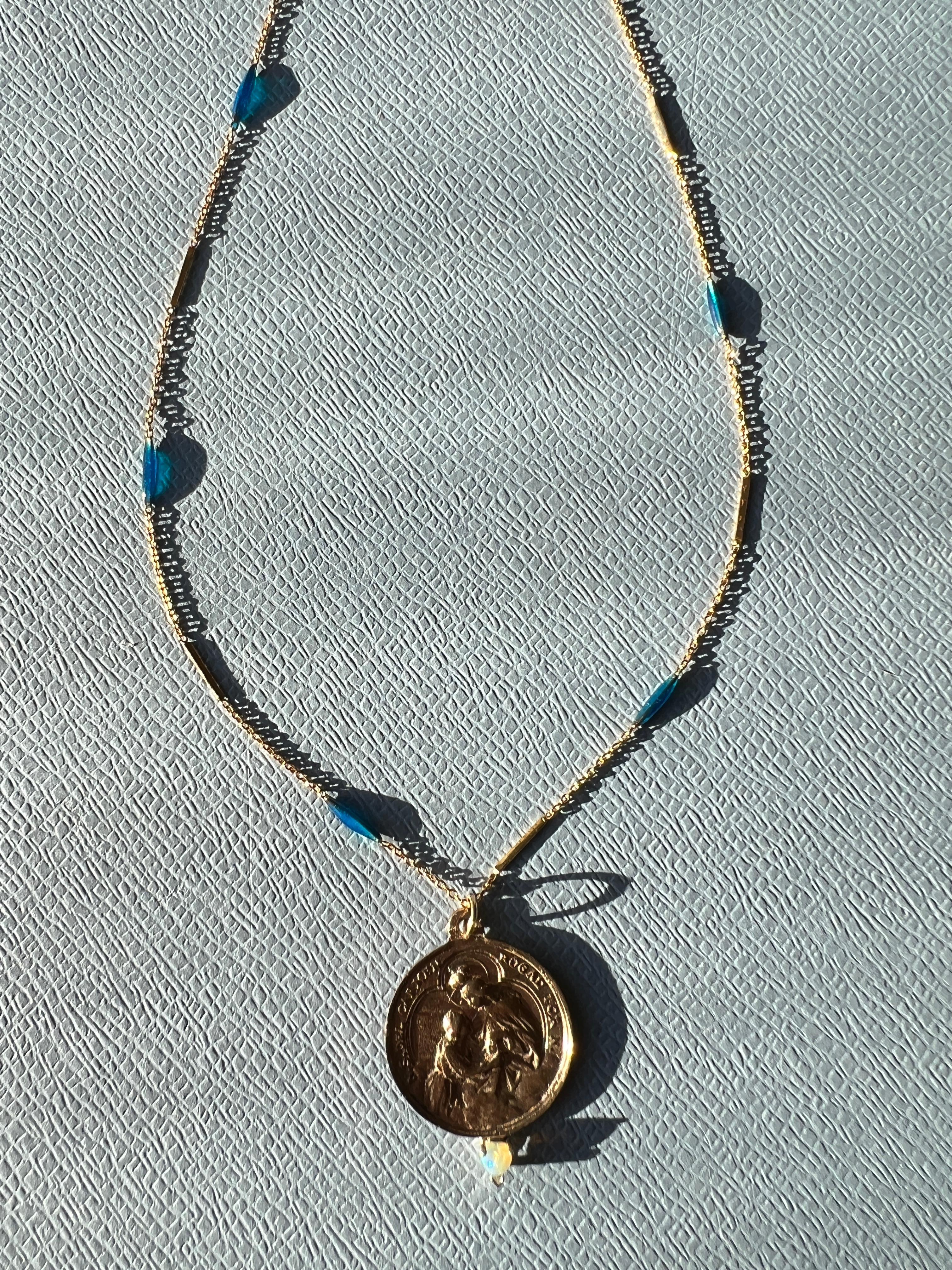 Victorian Blue Enamel Necklace Medal Egyptian Opal Heart Spanish Carmel
