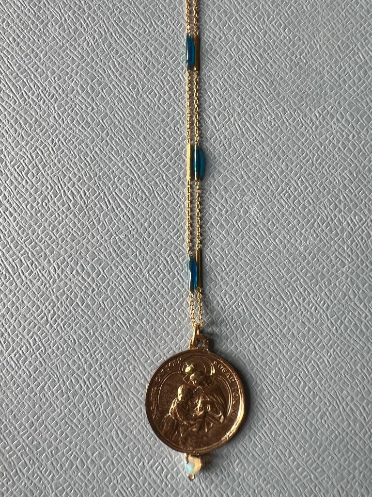 Blue Enamel Necklace Medal Egyptian Opal Heart Spanish Carmel 1