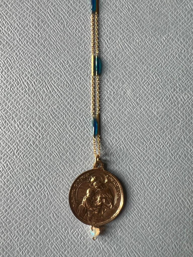 Blue Enamel Necklace Medal Egyptian Opal Heart Spanish Carmel 2
