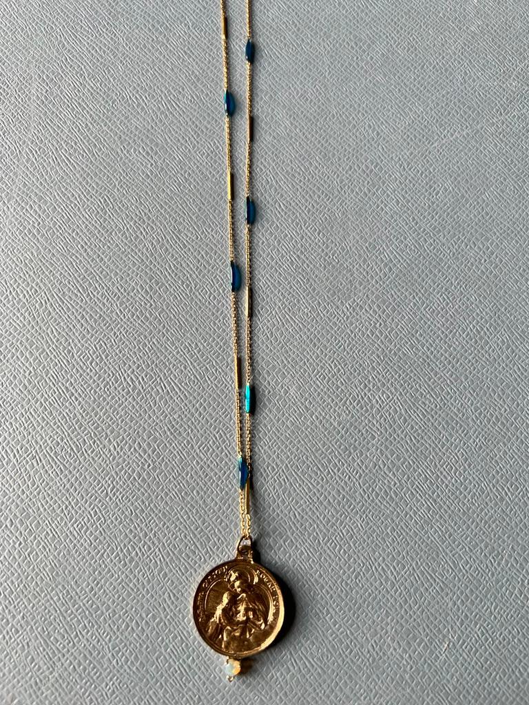 Blue Enamel Necklace Medal Egyptian Opal Heart Spanish Carmel 3