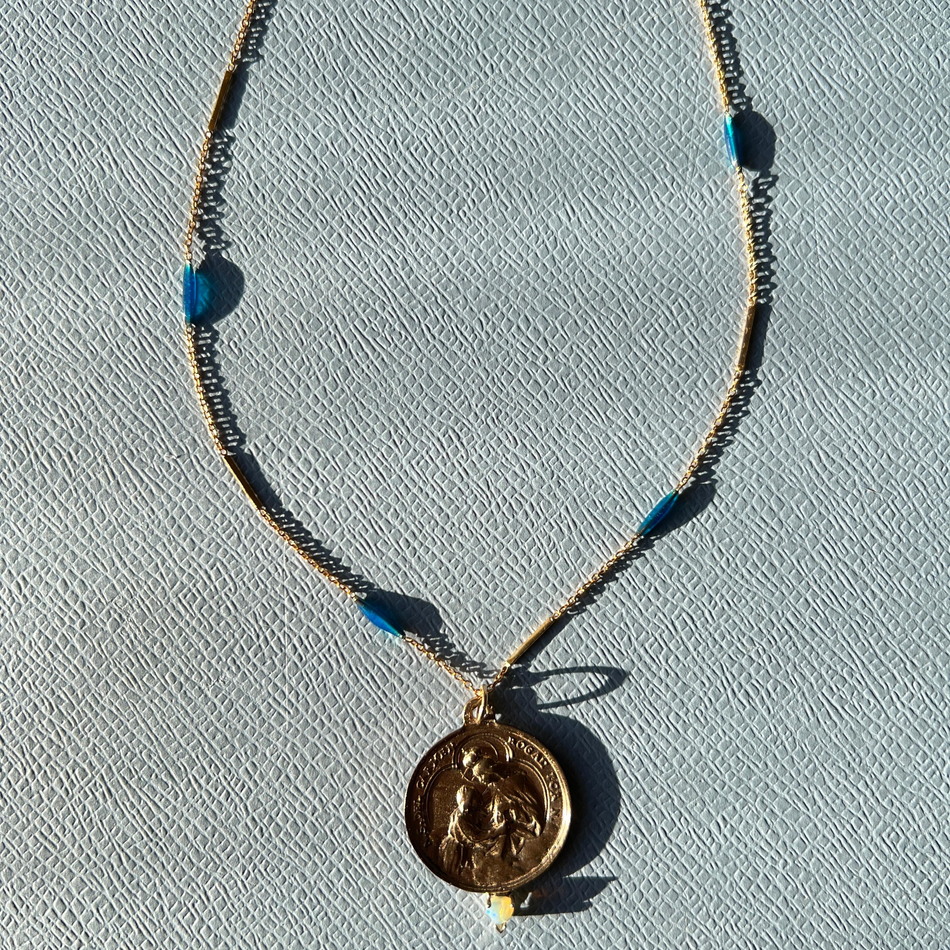 Blue Enamel Necklace Medal Egyptian Opal Heart Spanish Carmel 4