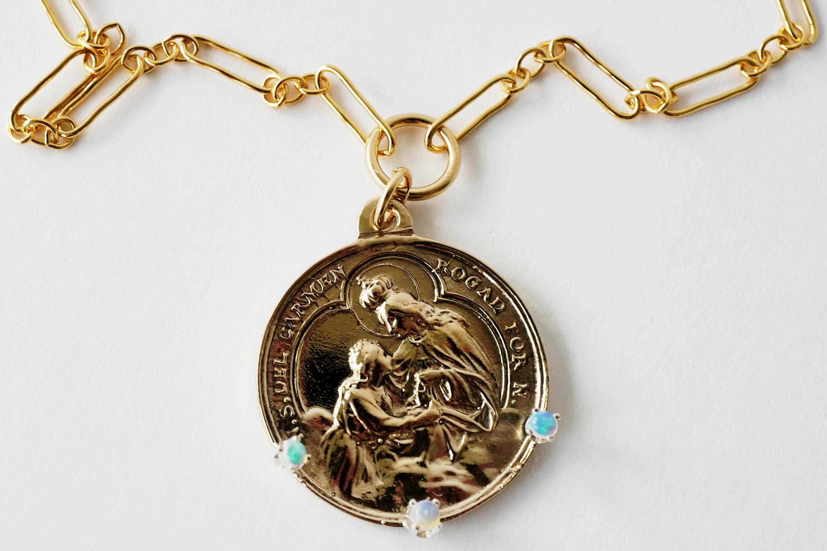 Medal Necklace Chain Virgin Mary Opals Round Coin Pendant J Dauphin In New Condition For Sale In Los Angeles, CA