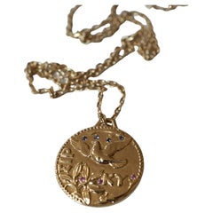 Pink Sapphire Tanzanite  Medal Necklace  Dove Pegasus Long Chain Greek J Dauphin