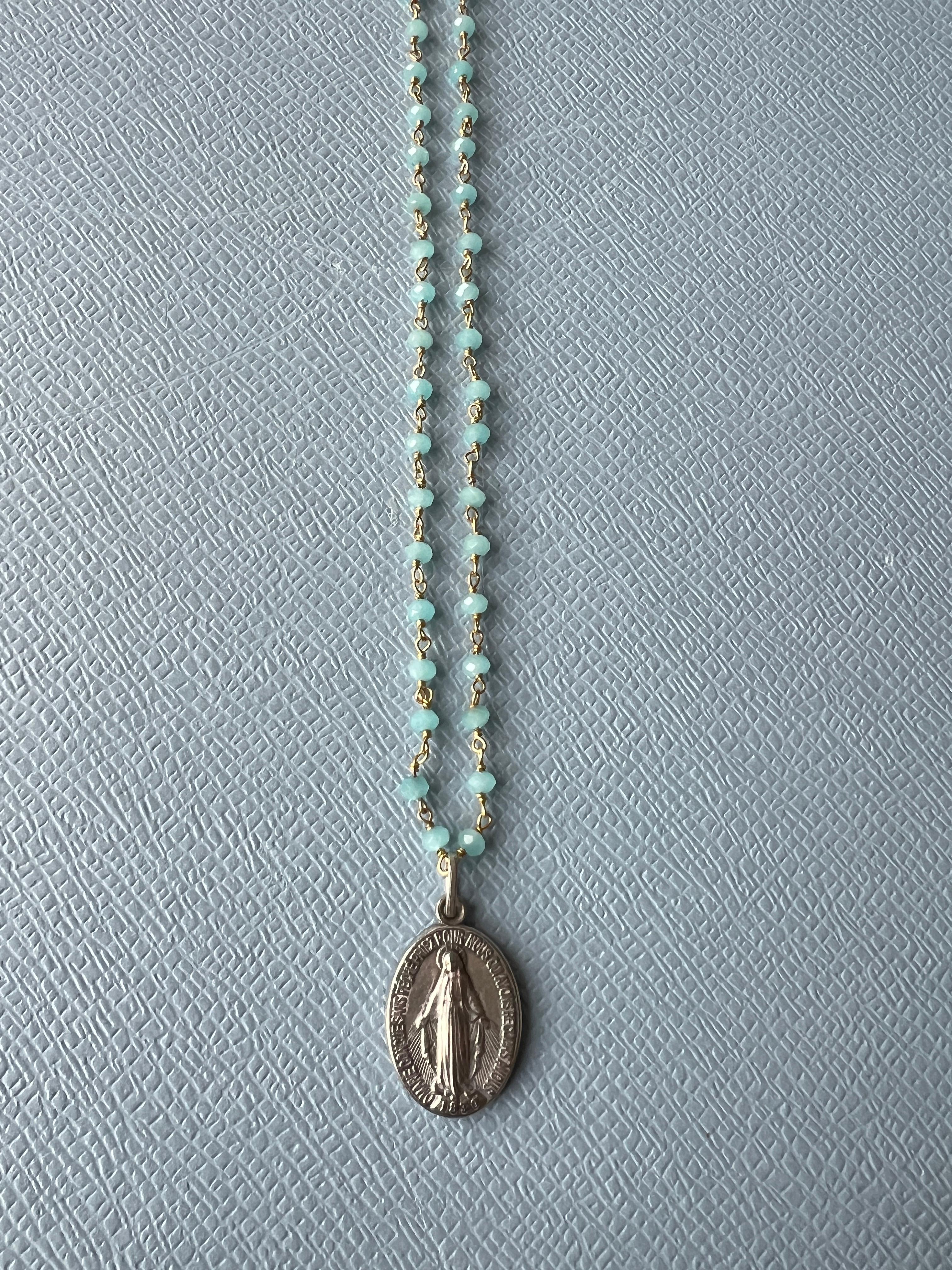 Medal Necklace Rosario Virgin Mary Turquoise Colored Gems French Vintage 6