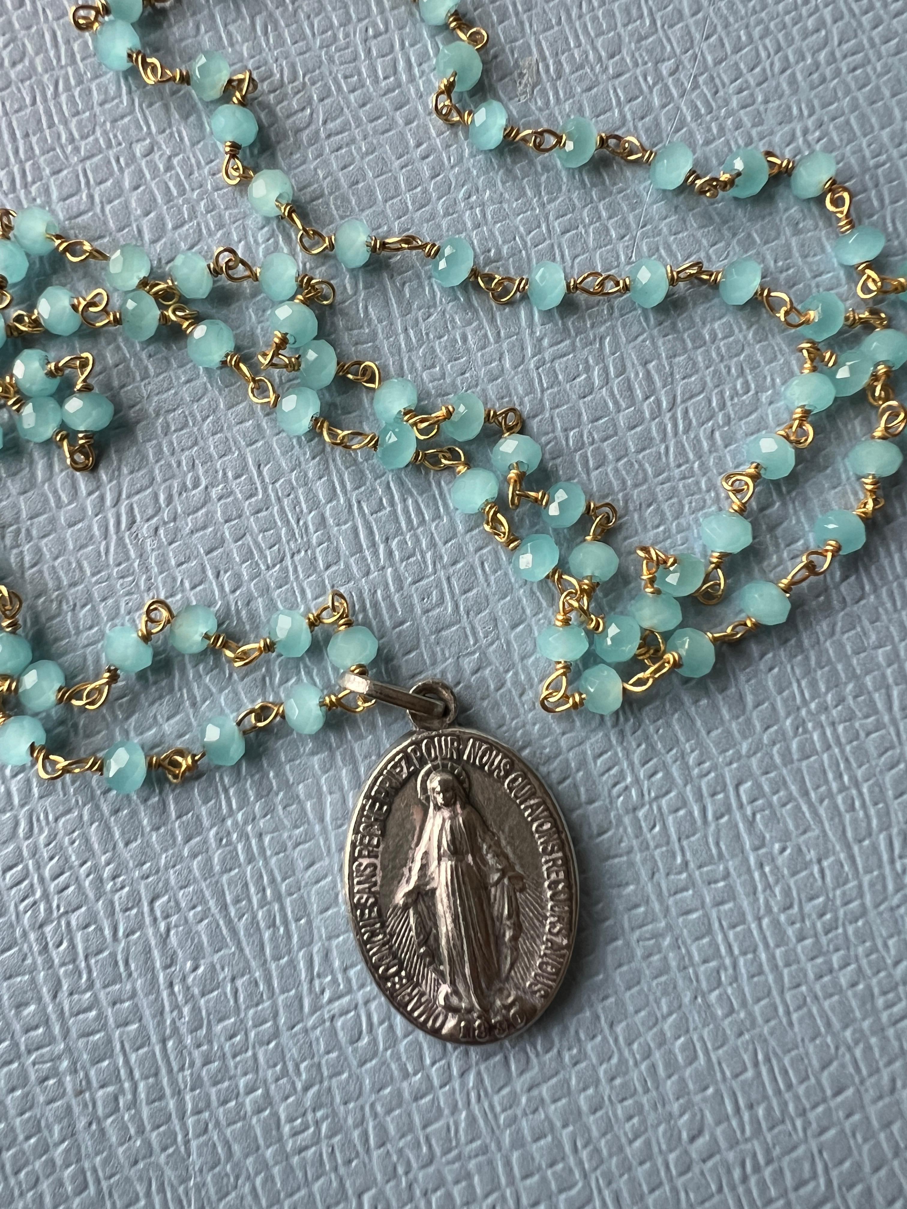 Medal Necklace Rosario Virgin Mary Turquoise Colored Gems French Vintage 7