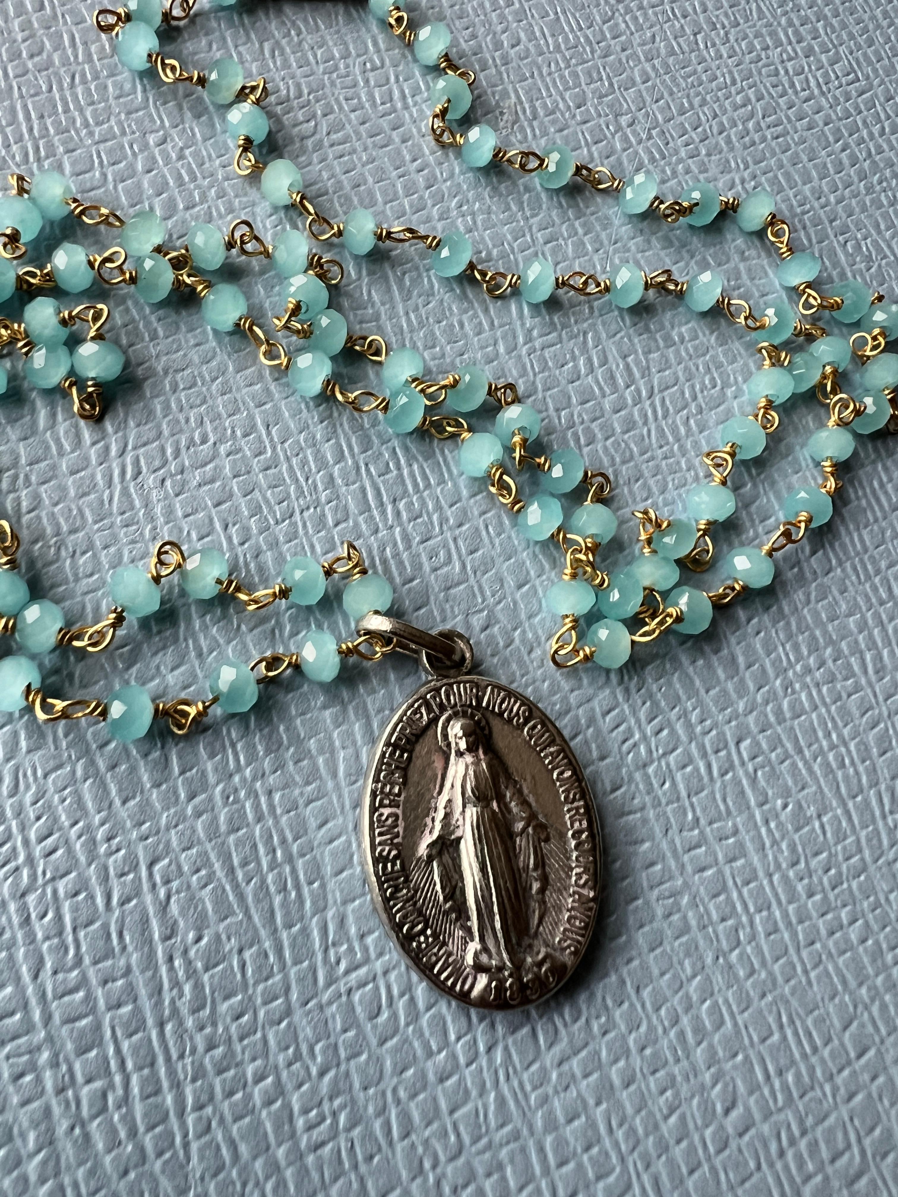 Medal Necklace Rosario Virgin Mary Turquoise Colored Gems French Vintage 8