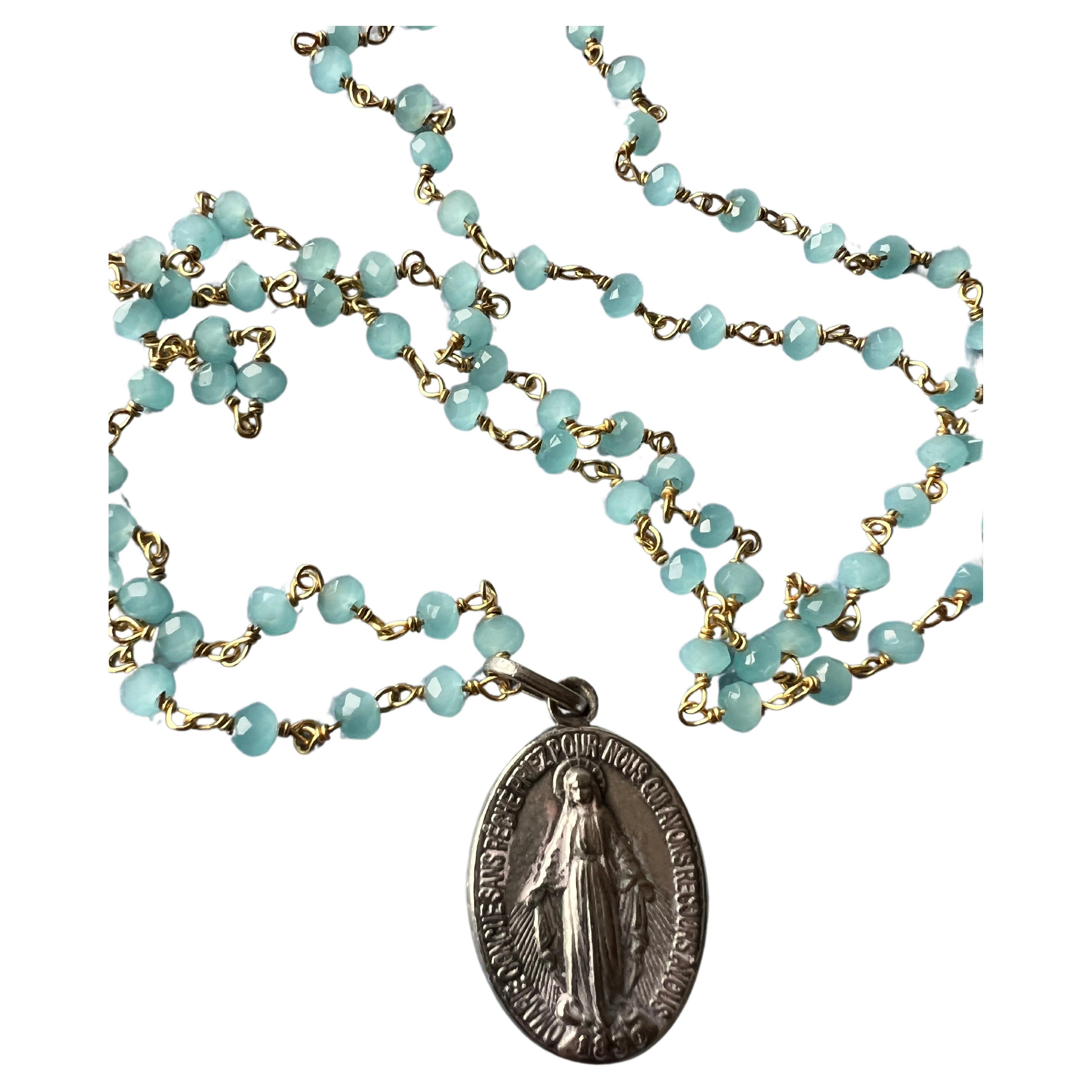 Contemporary Medal Necklace Rosario Virgin Mary Turquoise Colored Gems French Vintage