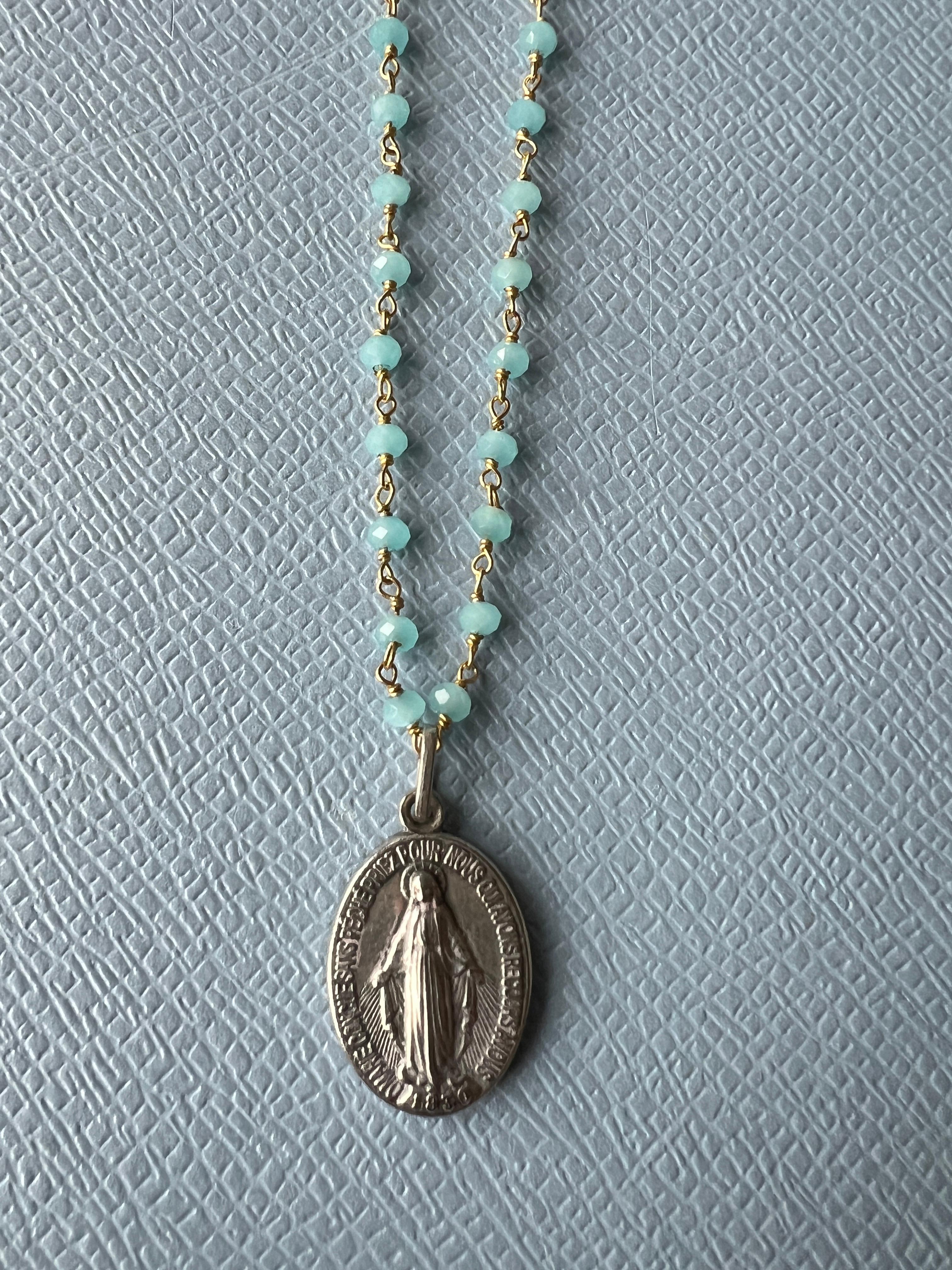 Women's Medal Necklace Rosario Virgin Mary Turquoise Colored Gems French Vintage