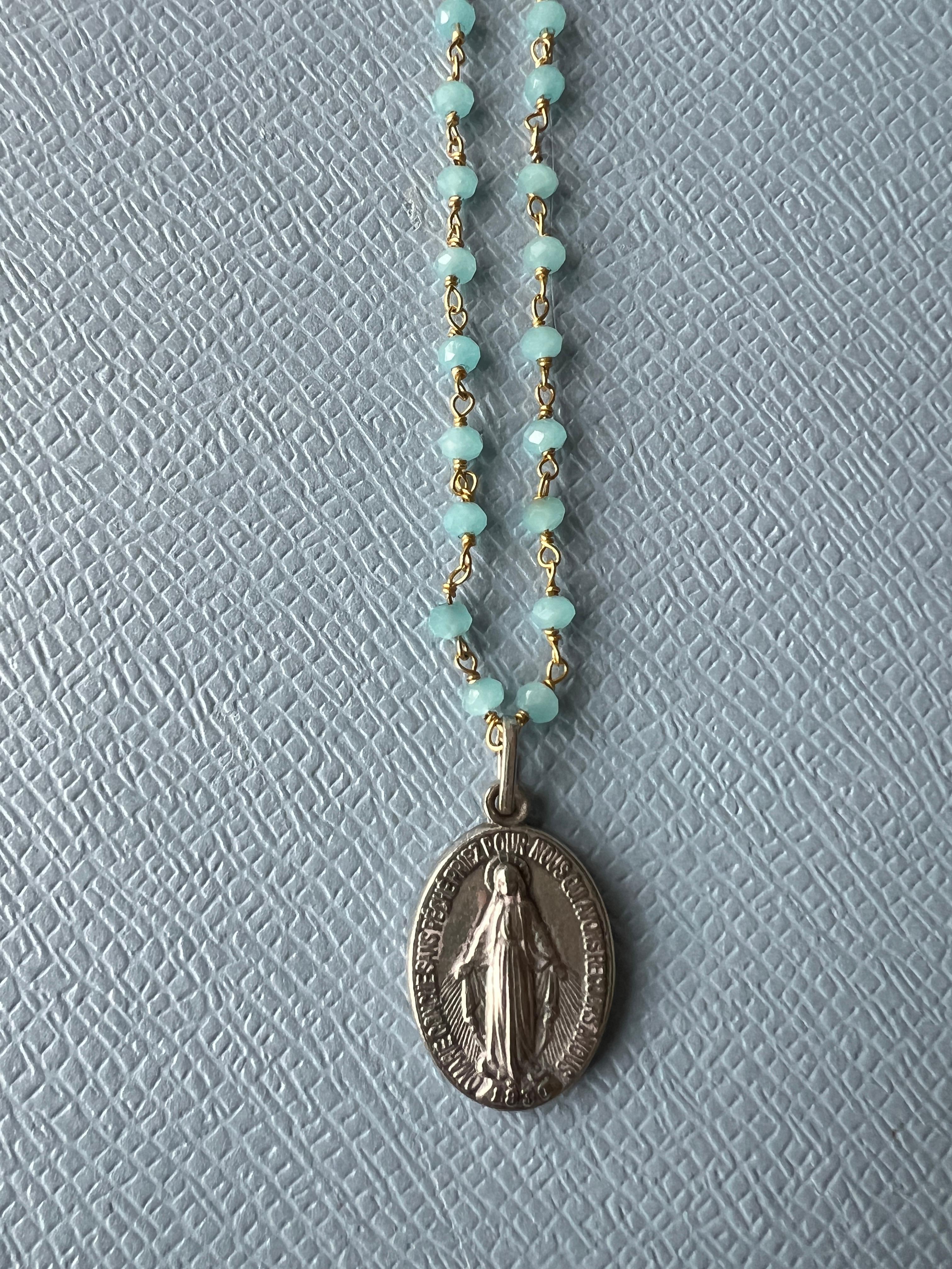 Medal Necklace Rosario Virgin Mary Turquoise Colored Gems French Vintage 2