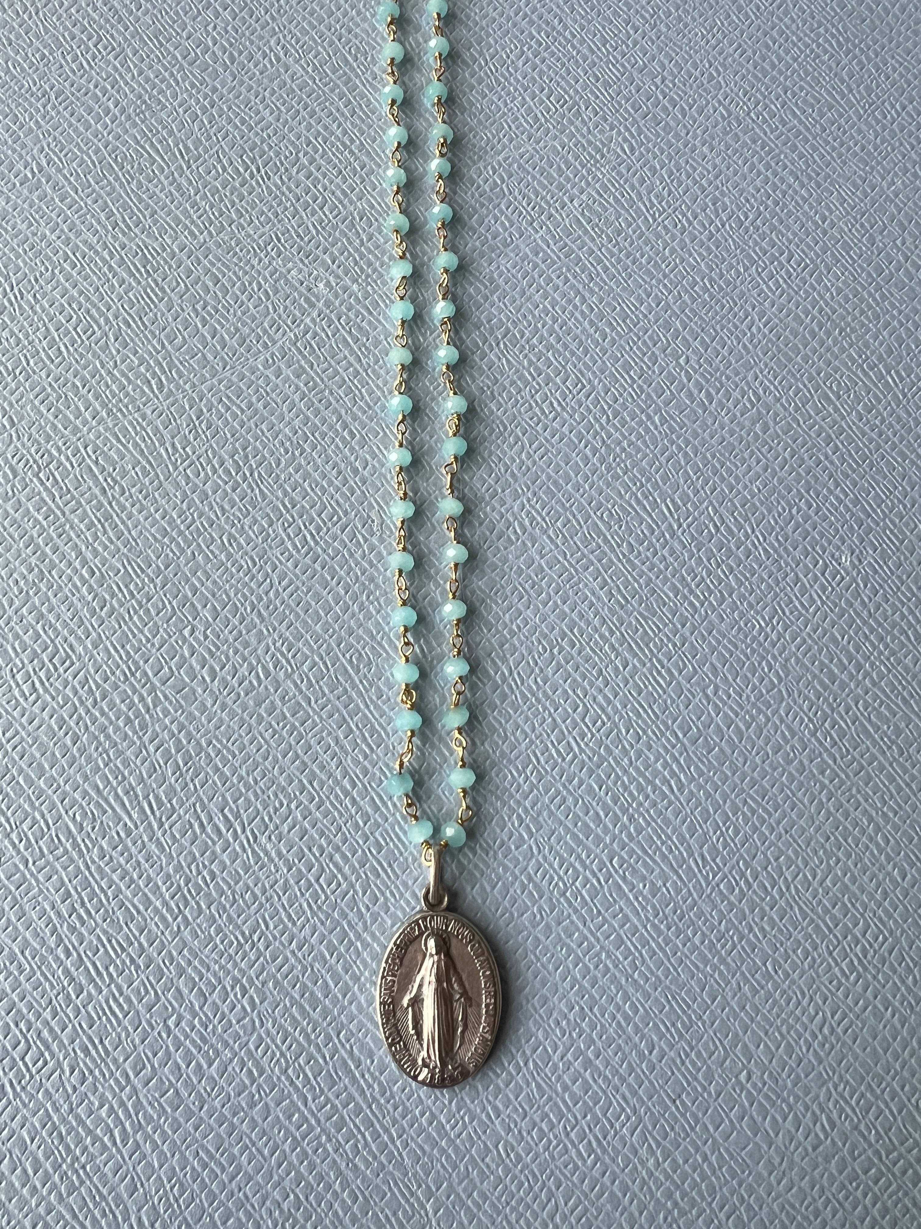 Medal Necklace Rosario Virgin Mary Turquoise Colored Gems French Vintage 3