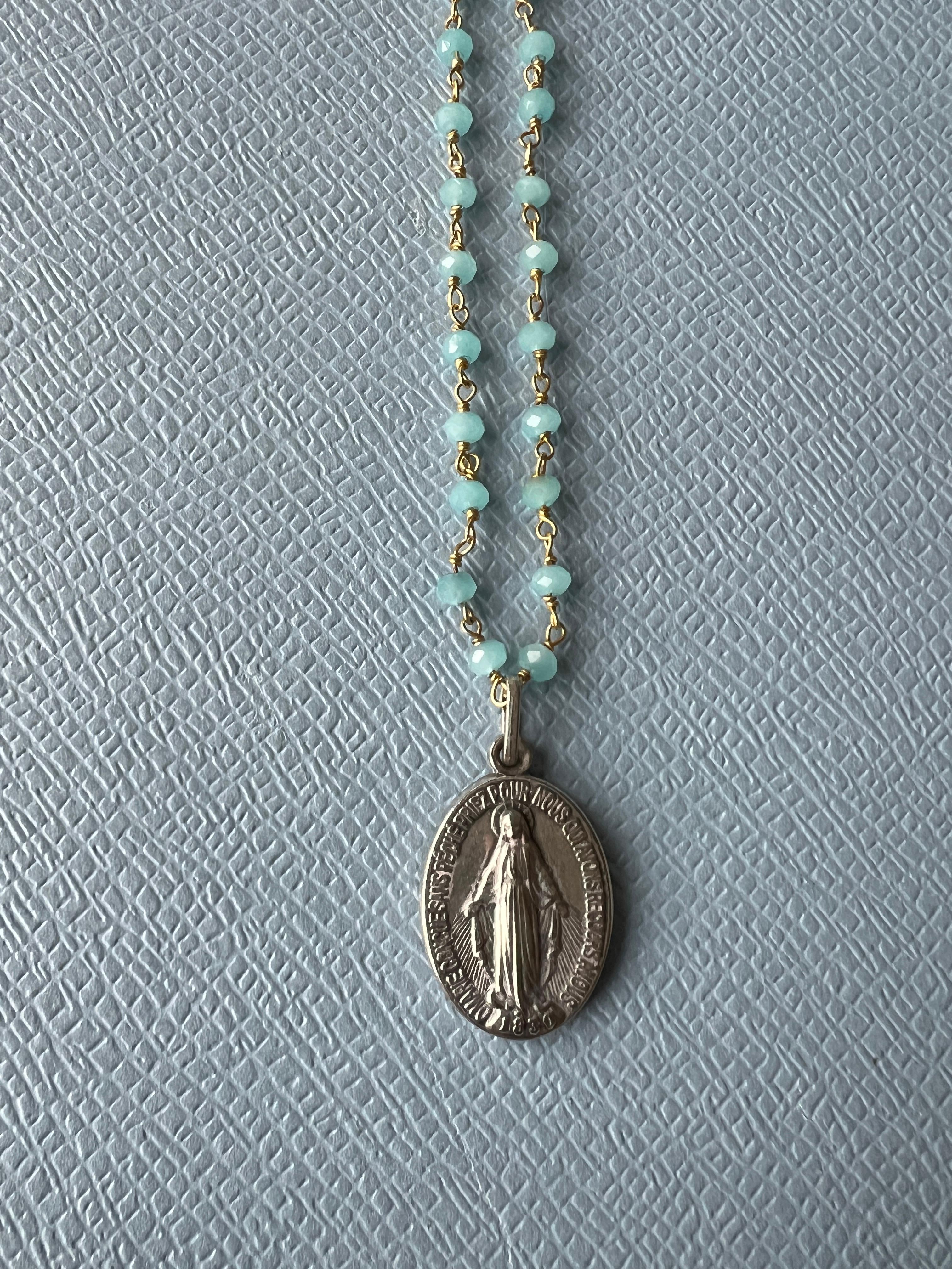 Medal Necklace Rosario Virgin Mary Turquoise Colored Gems French Vintage 4