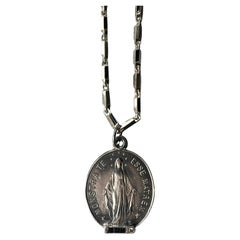 Medal Necklace Sapphire Diamond Silver Virgin Mary