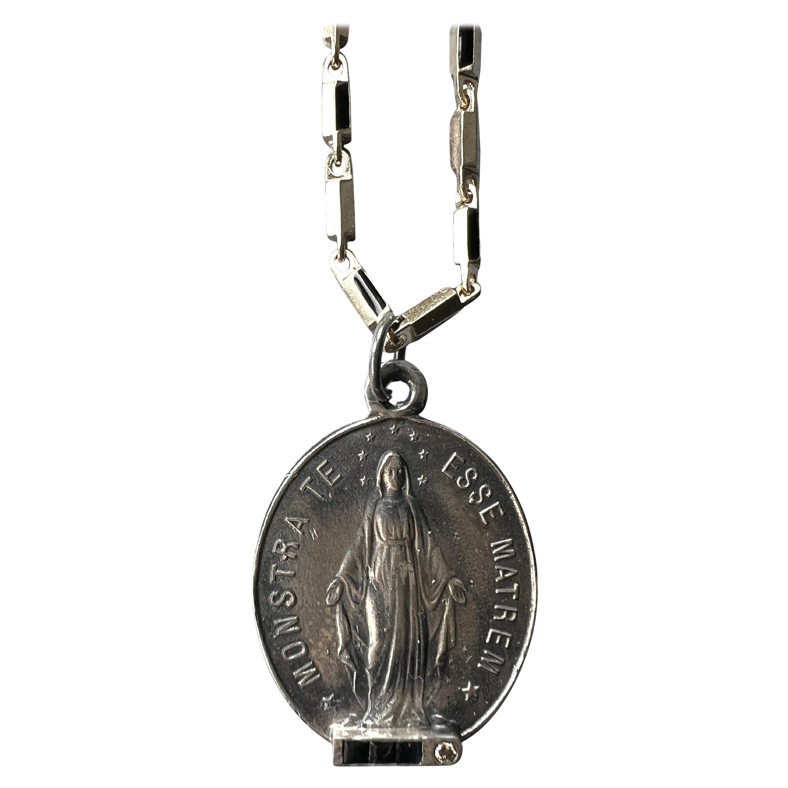 Medal Necklace Sapphire Diamond Silver Virgin Mary