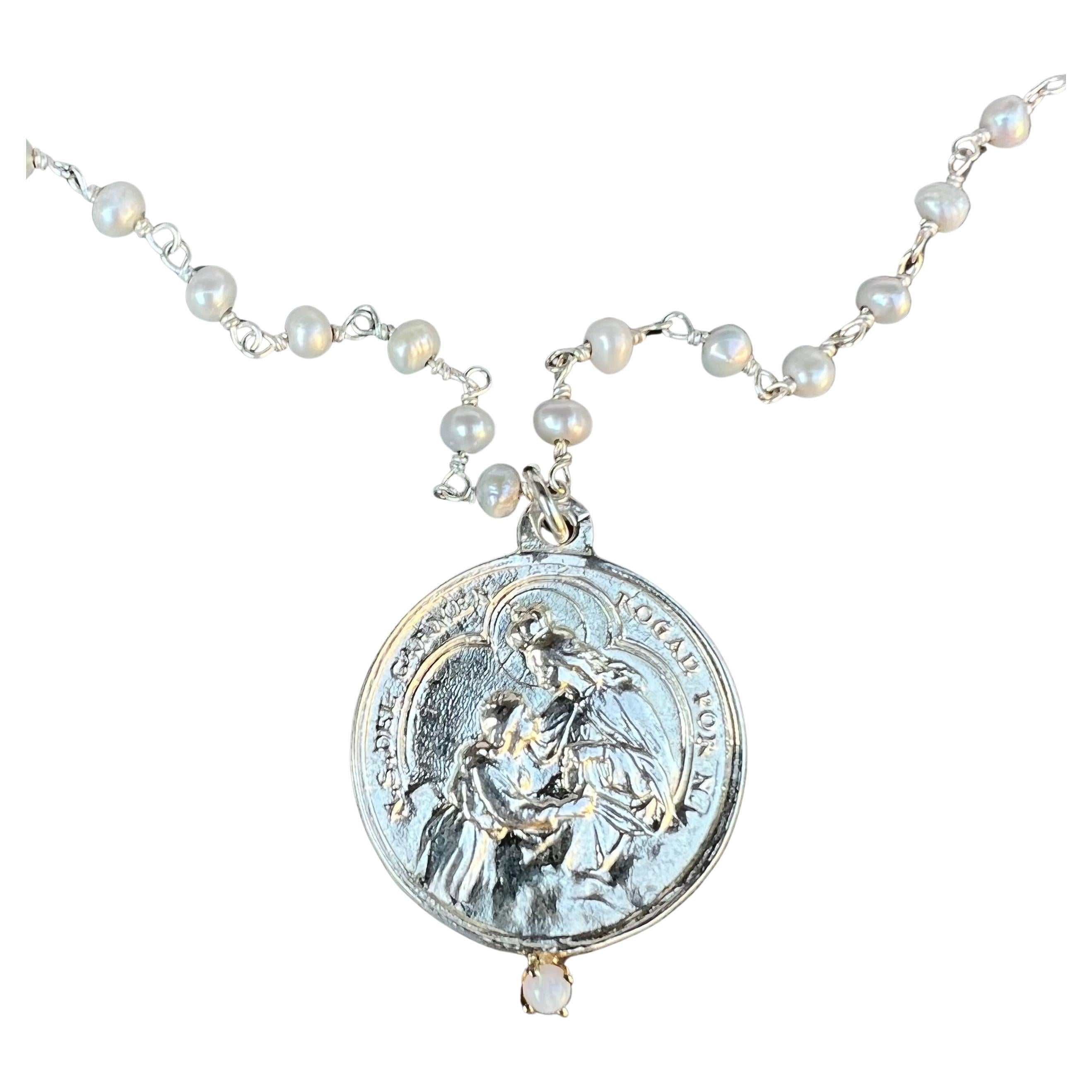 Collar Medalla Plata Blanco Perla Rosario Virgen María Ópalo J DAUPHIN Contemporáneo