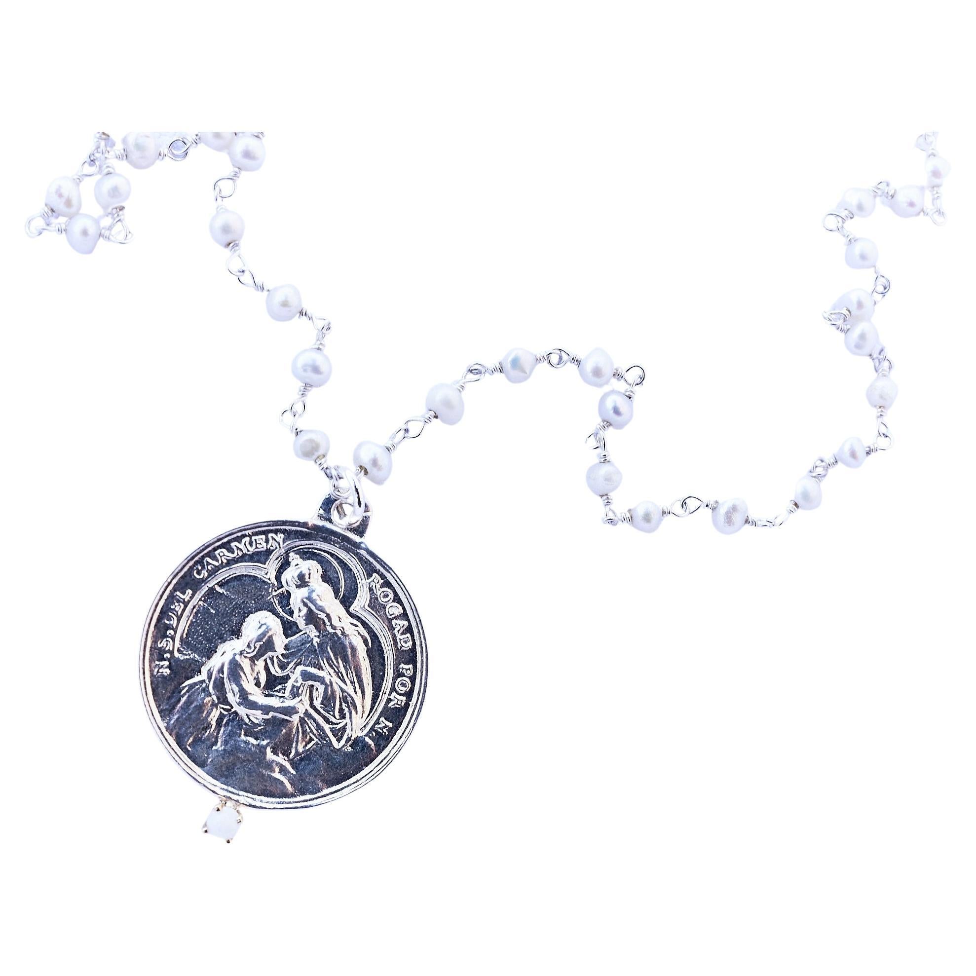 Collar Medalla Plata Blanco Perla Rosario Virgen María Ópalo J DAUPHIN en Nuevo Estado en Los Angeles, CA
