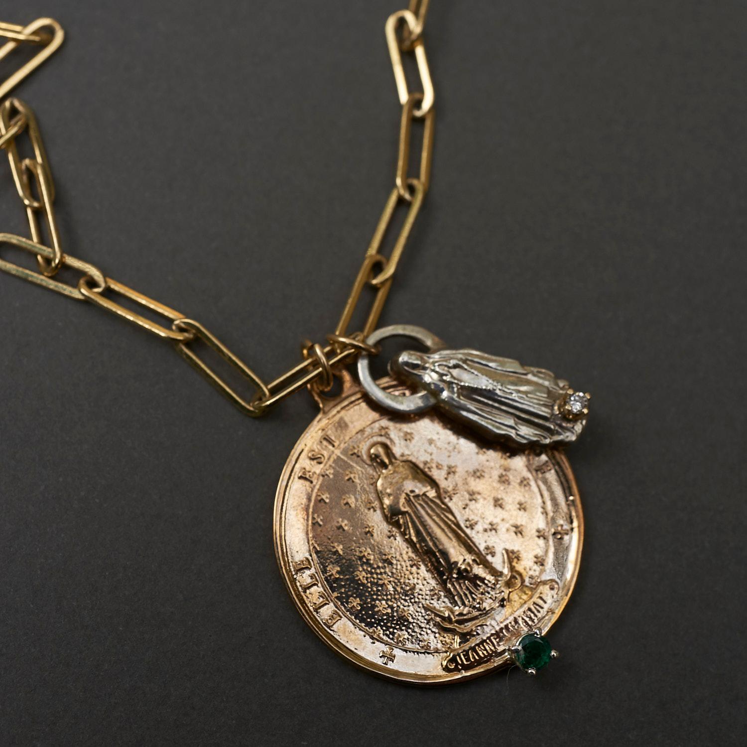 Brilliant Cut Medal Necklace Virgin Mary Emerald White Diamond Silver Bronze J Dauphin For Sale