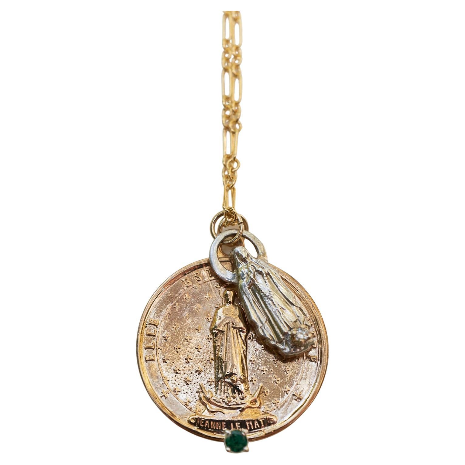 Medal Necklace Virgin Mary Emerald White Diamond Silver Bronze J Dauphin For Sale