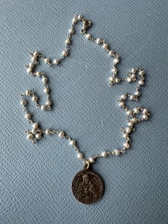 Medal Necklace white Pearl Rosario Vintage French Jesus Heart Pendant