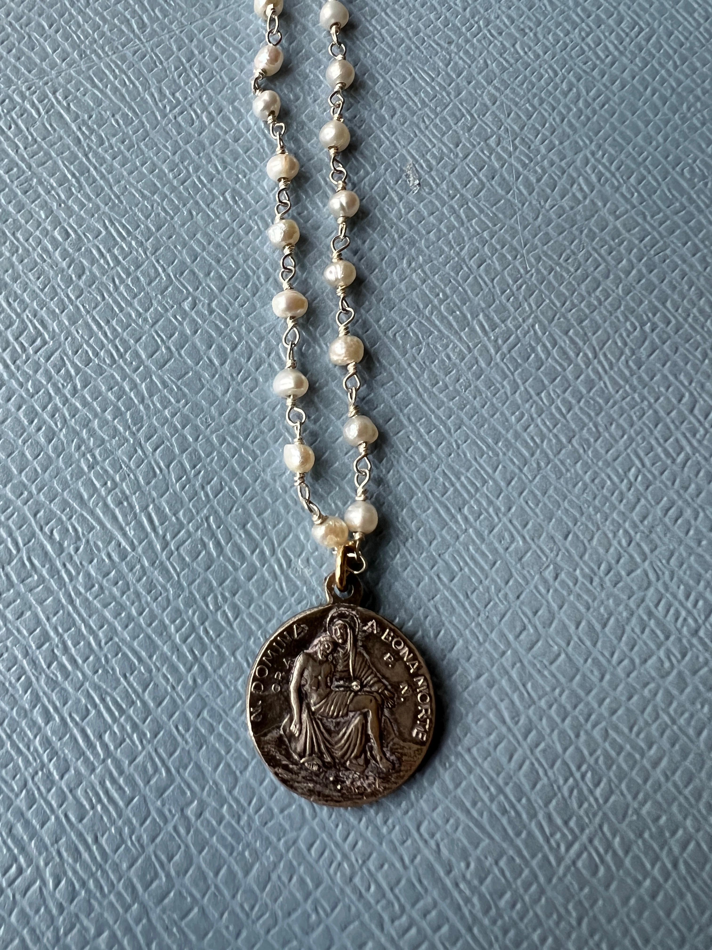 Contemporary Medal Necklace white Pearl Rosario Vintage French Jesus Heart Pendant