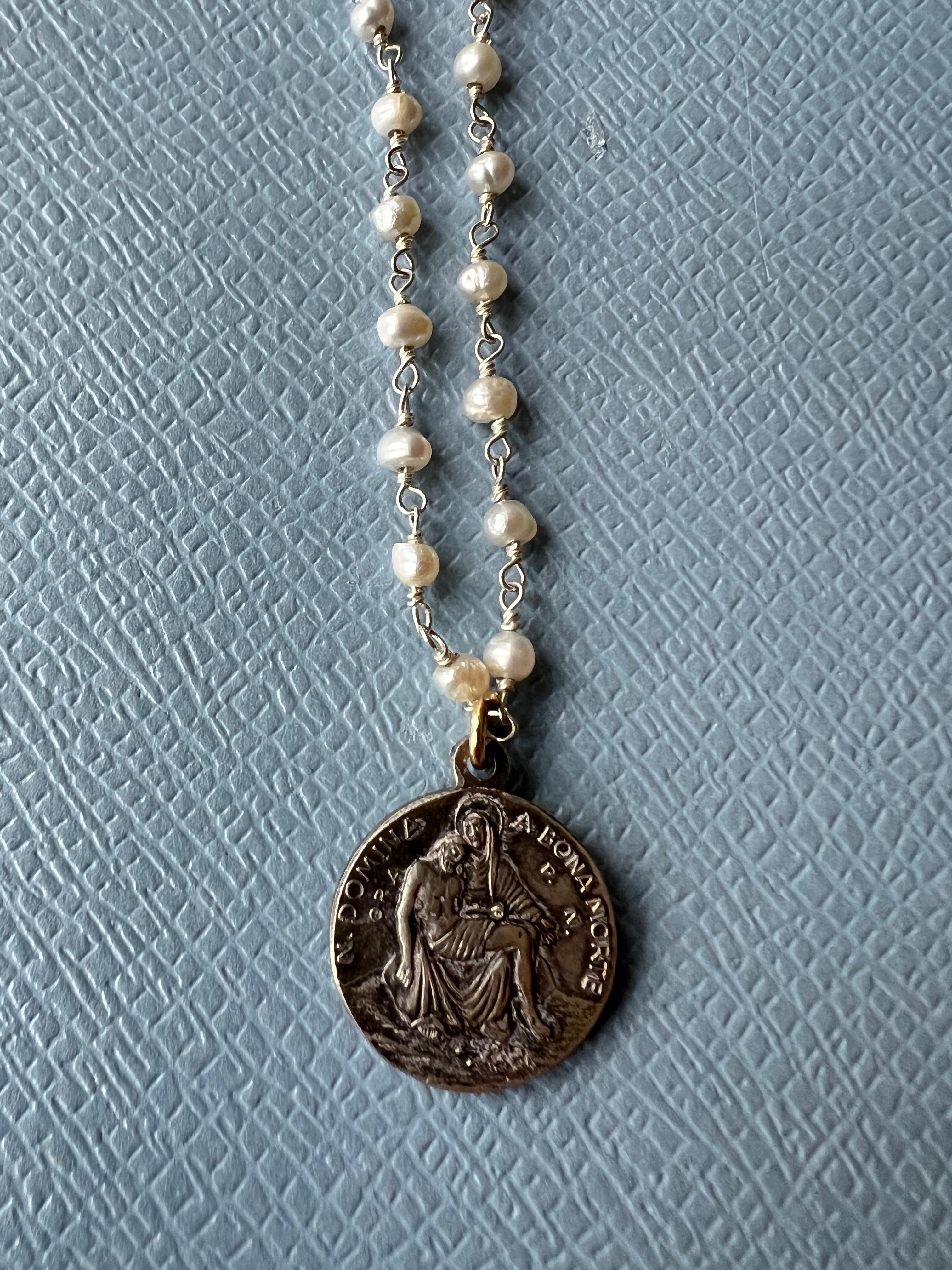 Round Cut Medal Necklace white Pearl Rosario Vintage French Jesus Heart Pendant