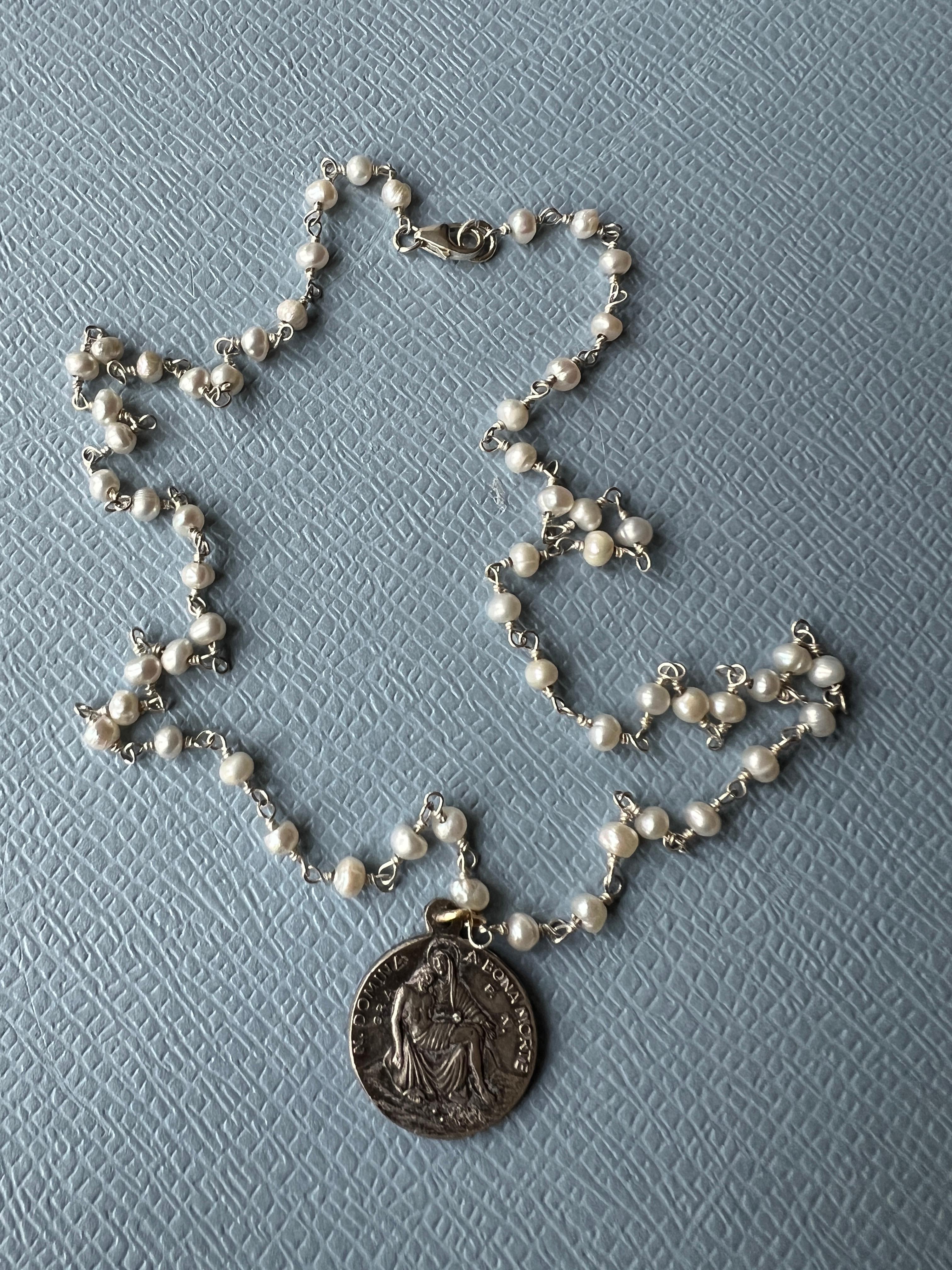 Women's Medal Necklace white Pearl Rosario Vintage French Jesus Heart Pendant