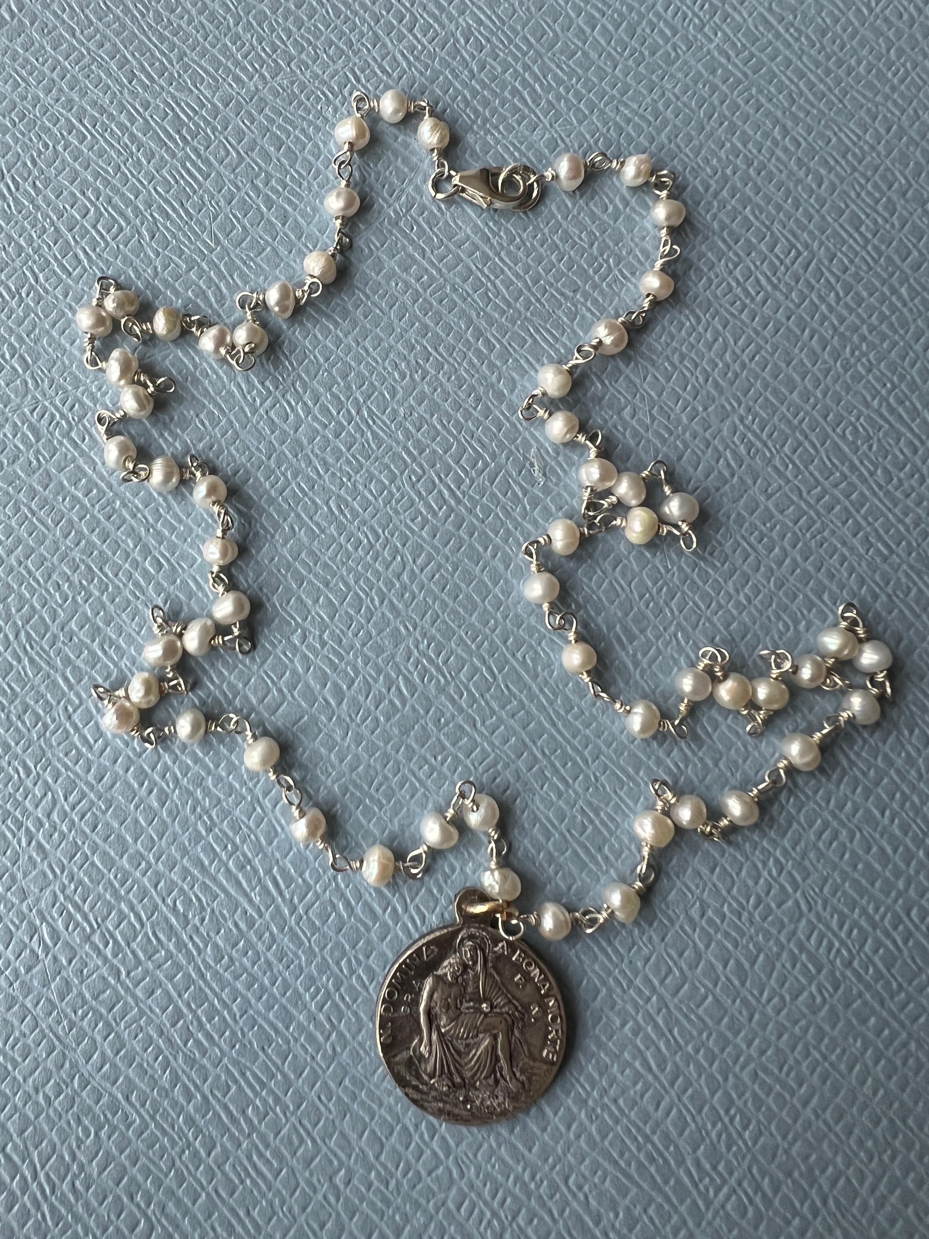 Medal Necklace white Pearl Rosario Vintage French Jesus Heart Pendant 1