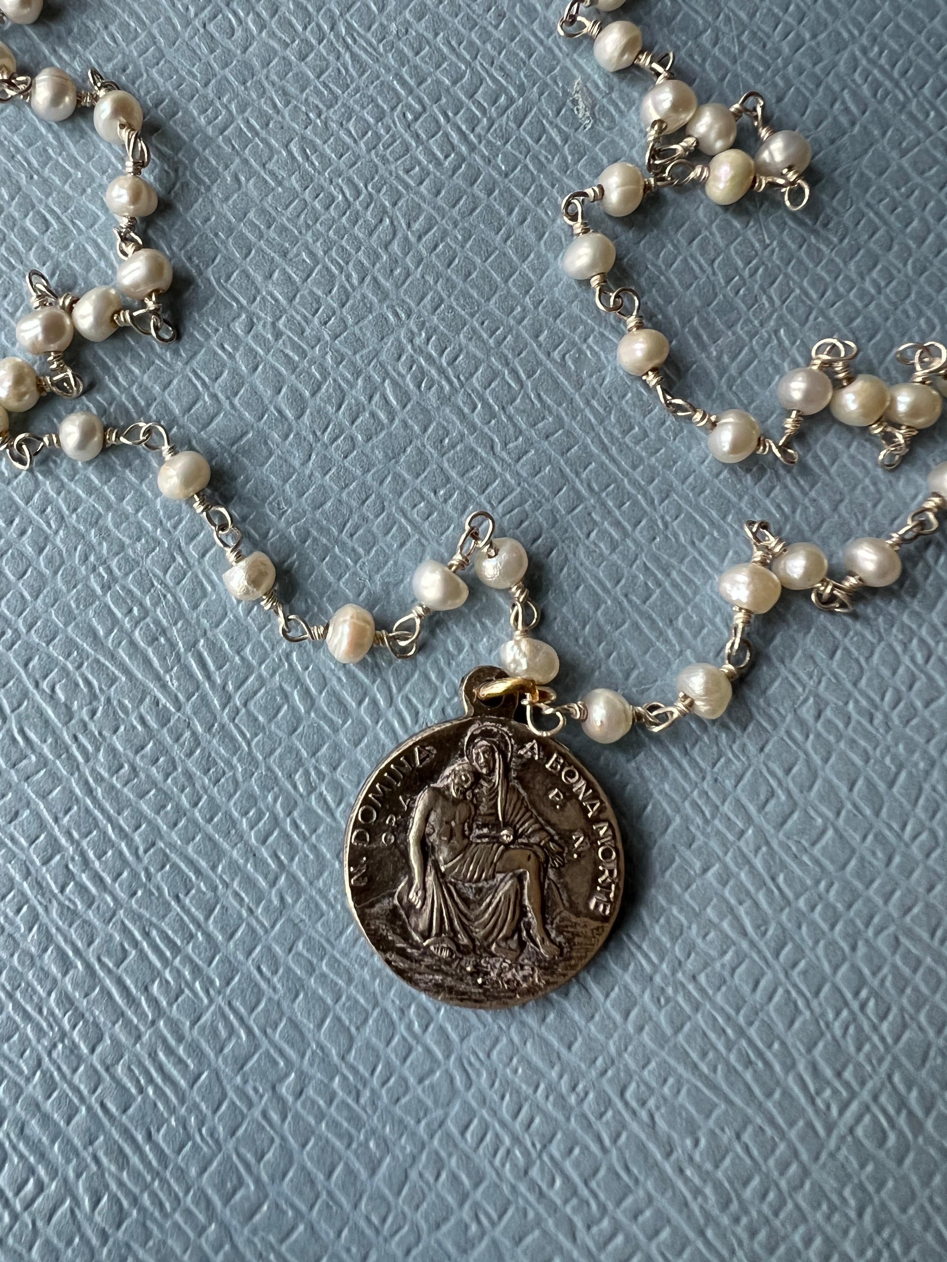 Medal Necklace white Pearl Rosario Vintage French Jesus Heart Pendant 2