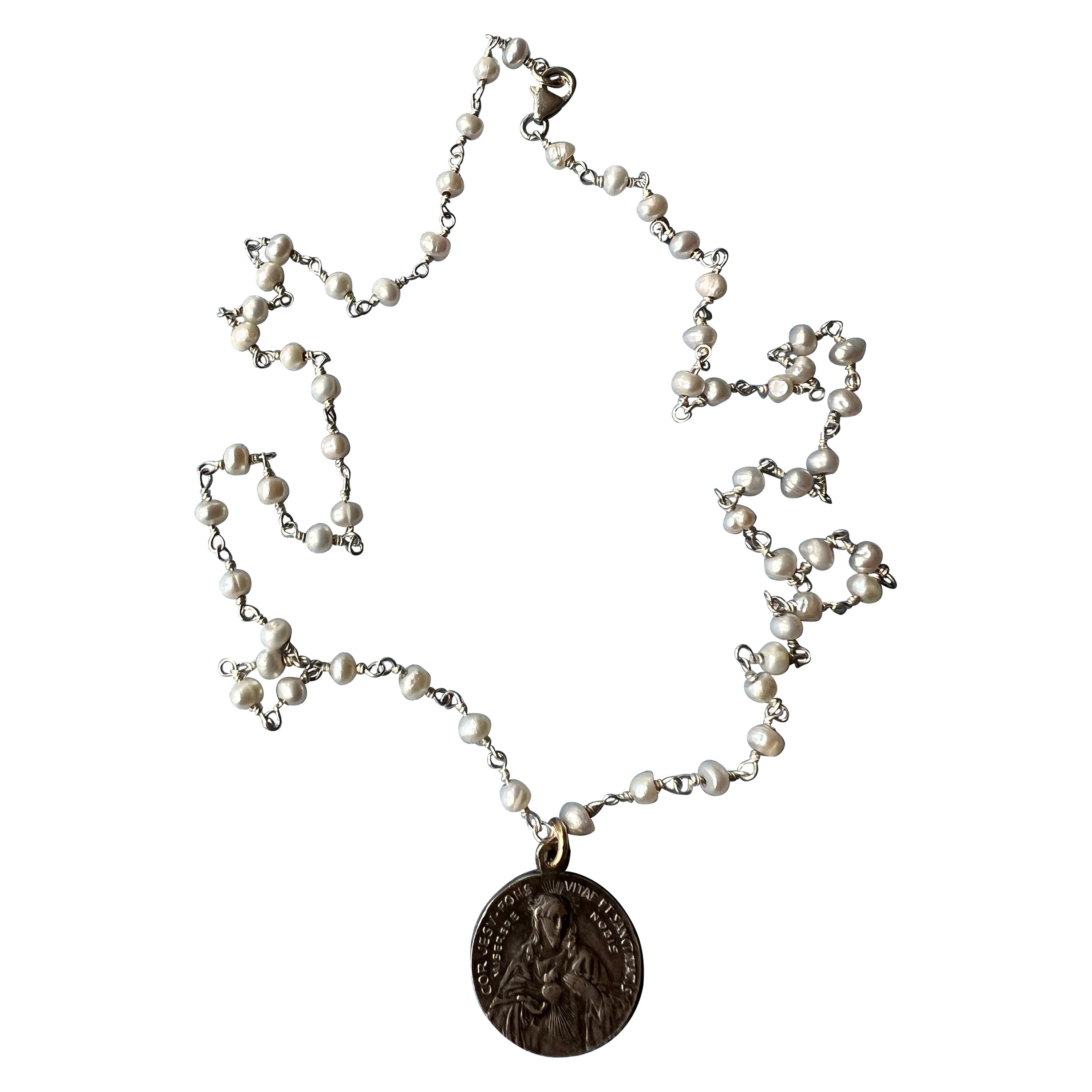 Medal Necklace white Pearl Rosario Vintage French Jesus Heart Pendant