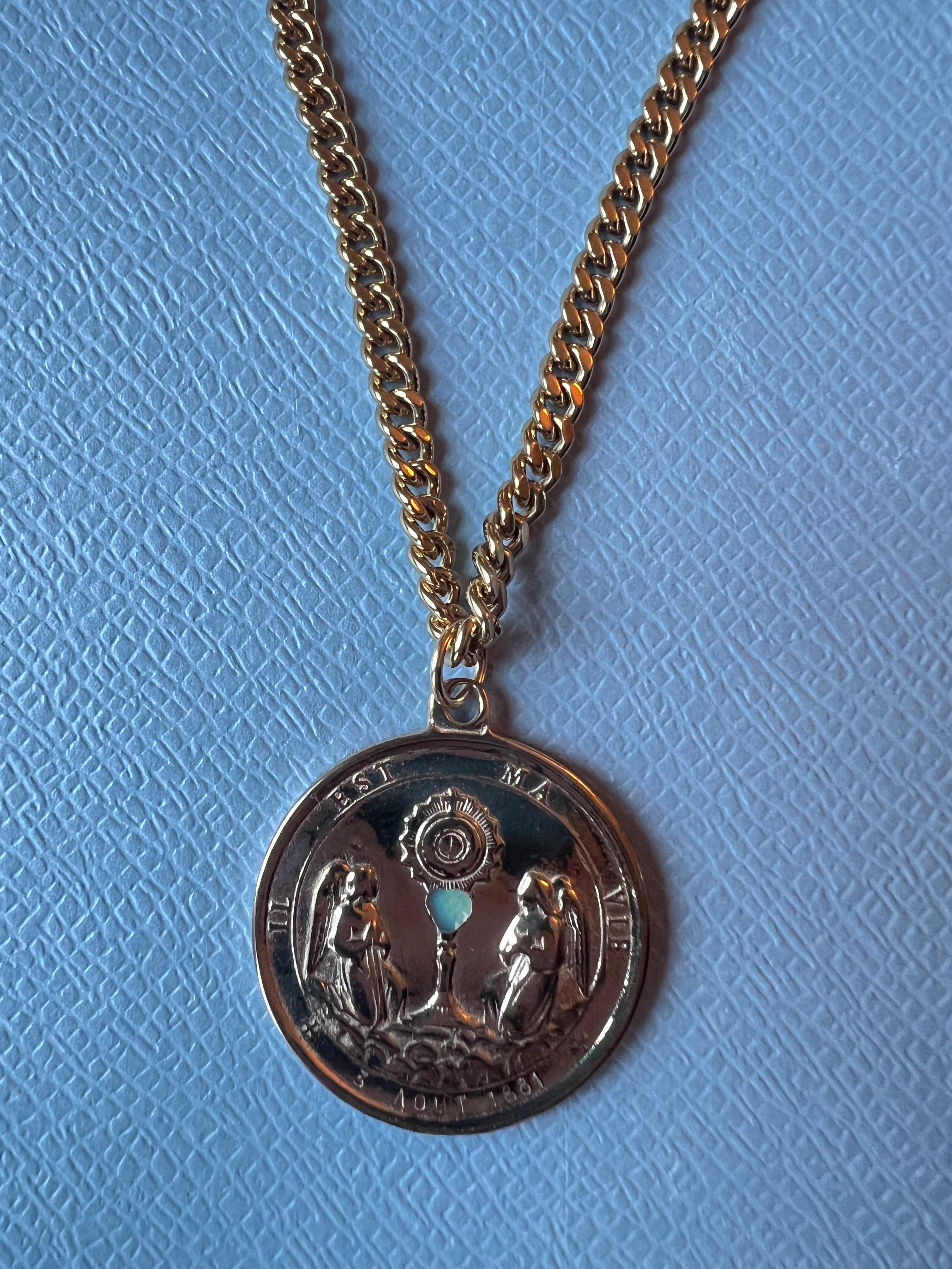 Opal Medal Necklace Chain Pearl Rosario For Sale 9