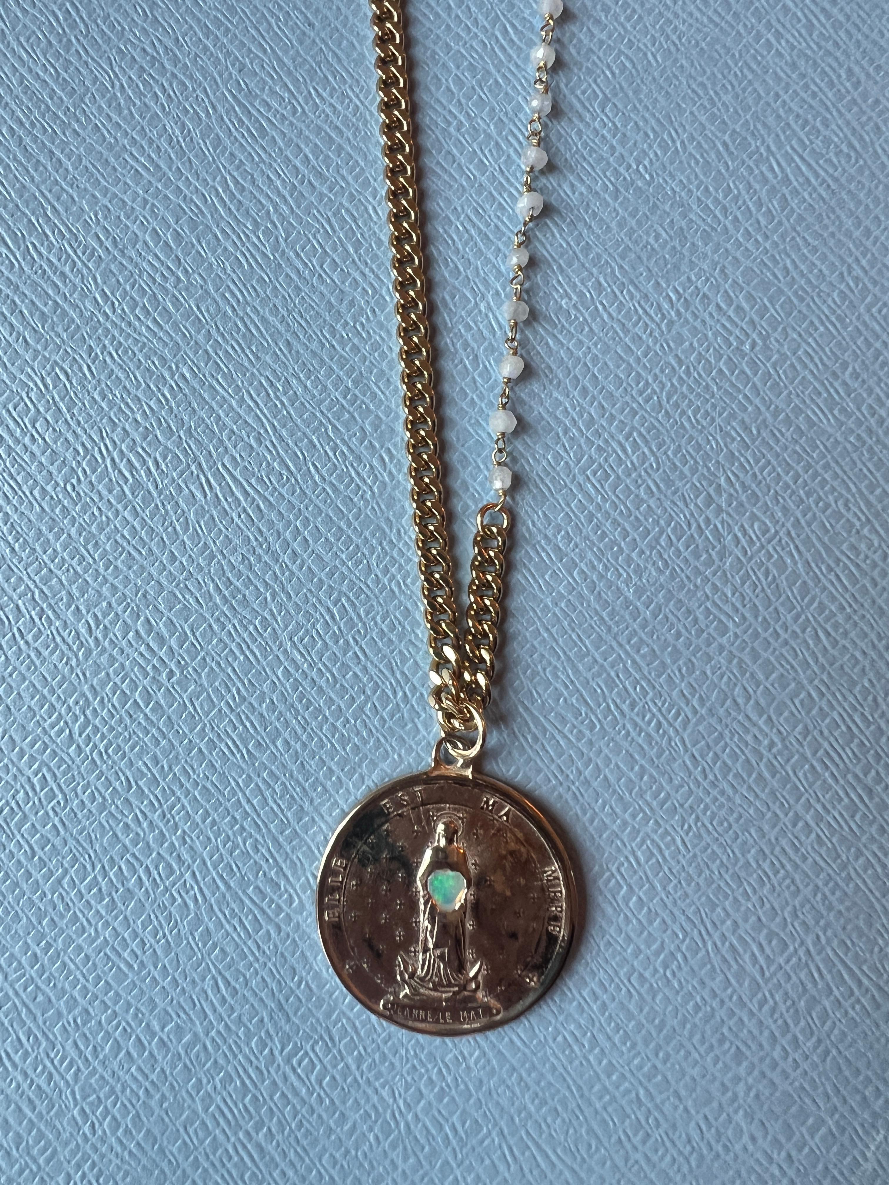 Contemporary Opal Medal Necklace Chain Pearl Rosario For Sale