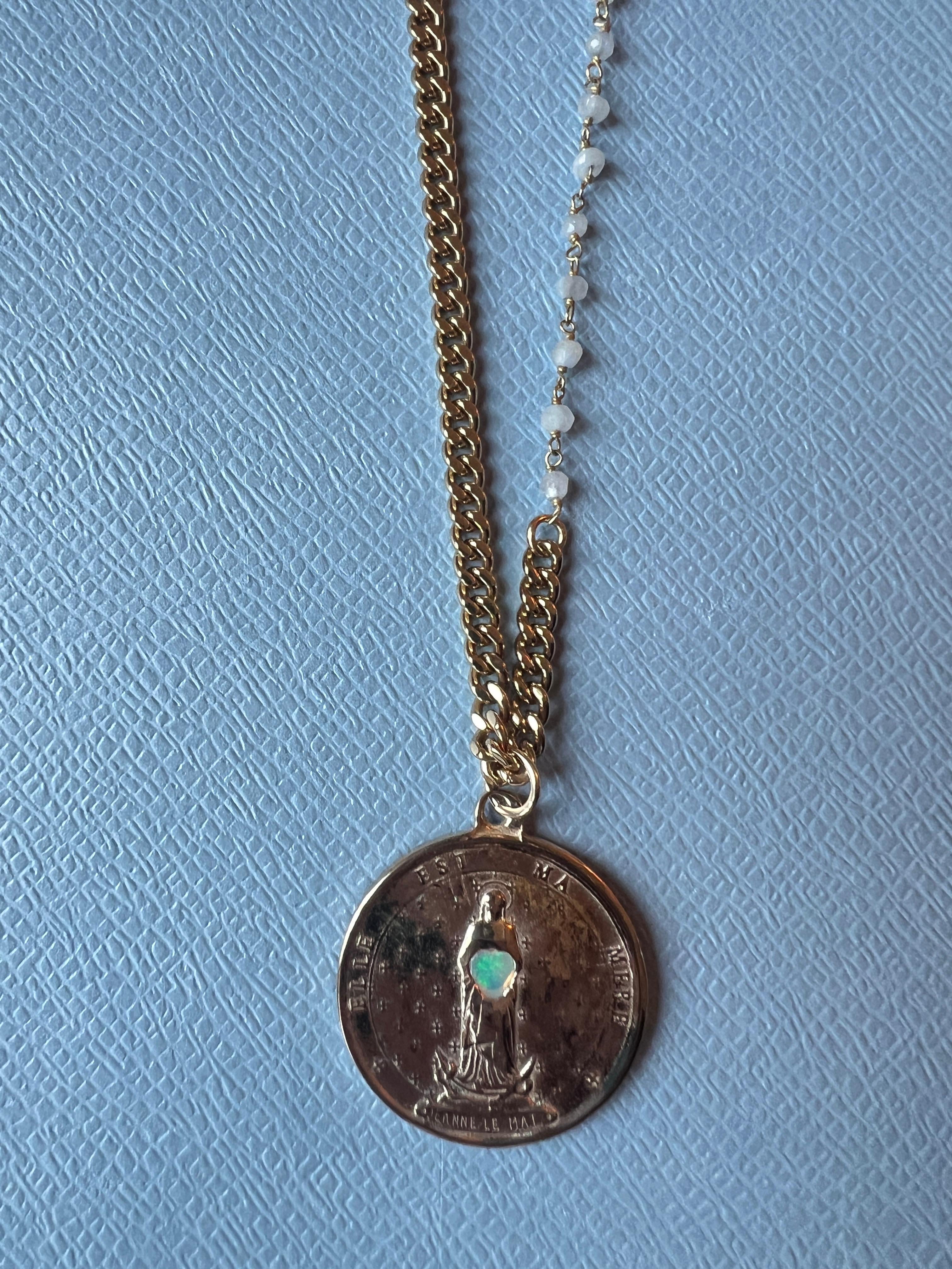 Brilliant Cut Opal Medal Necklace Chain Pearl Rosario For Sale
