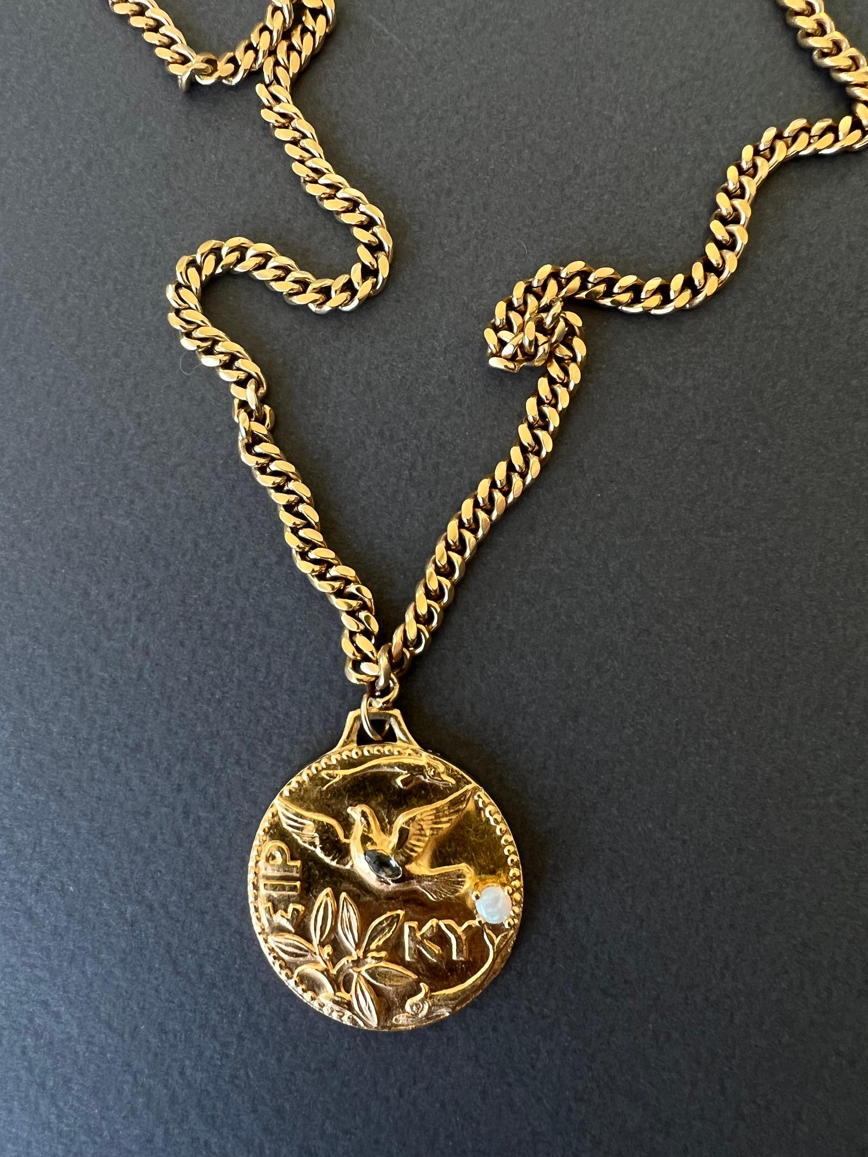 Brilliant Cut Medal Pendant Necklace Opal Aquamarine Greek Dove Gold Plated For Sale