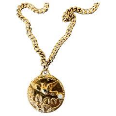 Medal Pendant Necklace Opal Aquamarine Greek Dove Gold Plated