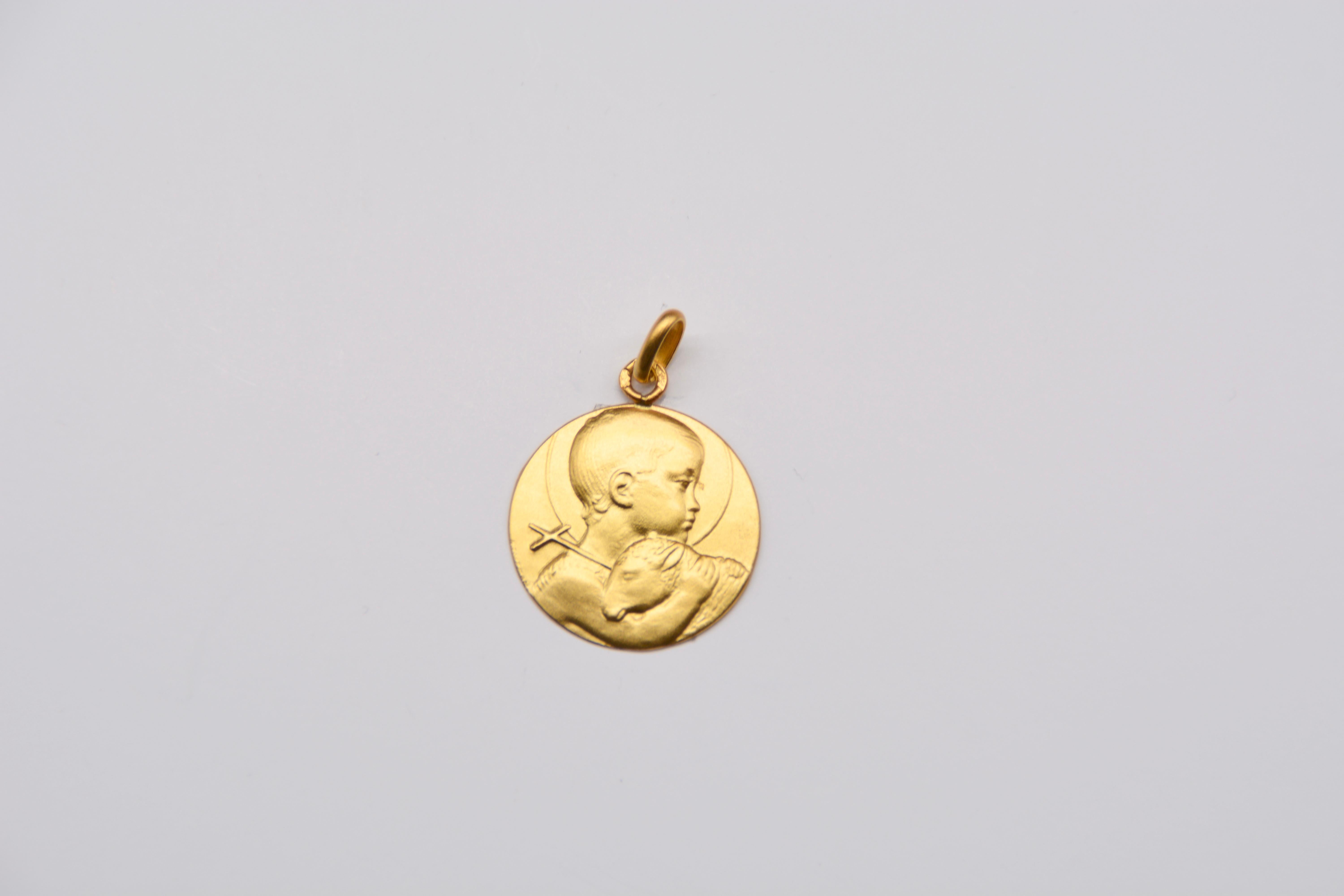Artisan Medal Pendant Saint Jean Baptise Yellow Gold For Sale