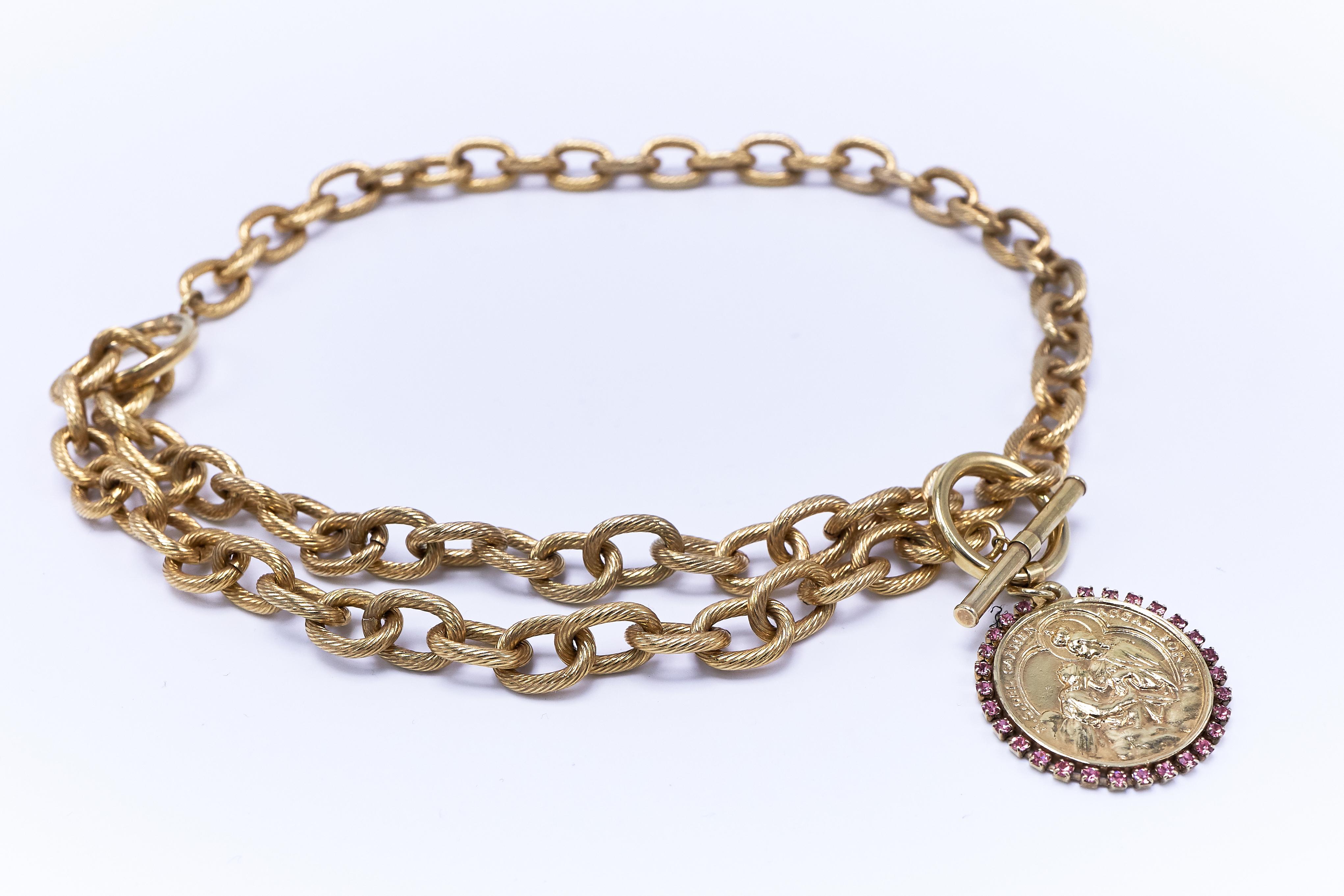 Bead Medal Pink Crystal Choker Chain Necklace Virgin Mary Gold Plated J Dauphin For Sale