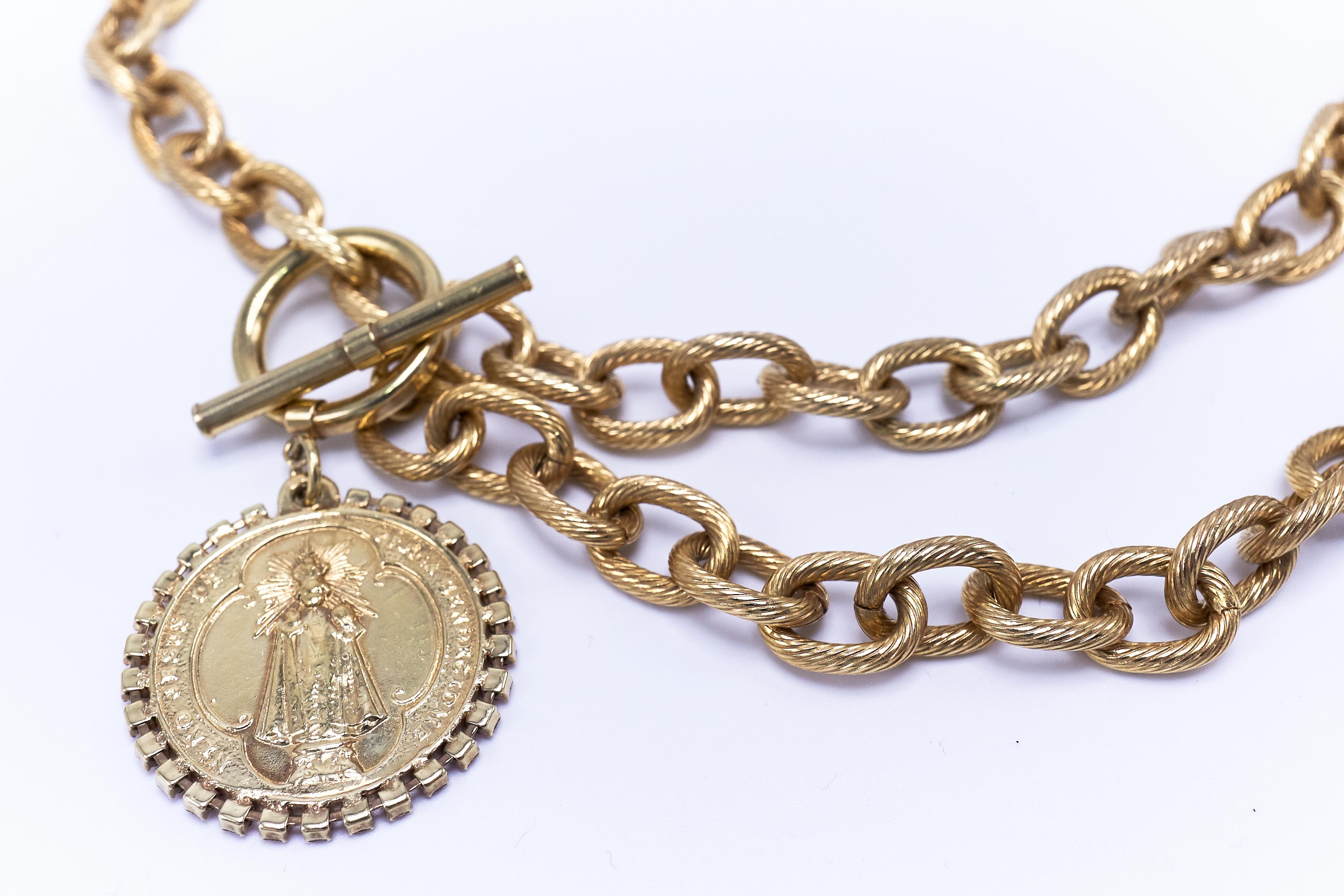 Round Cut Medal Pink Crystal Choker Chain Necklace Virgin Mary Gold Plated J Dauphin For Sale