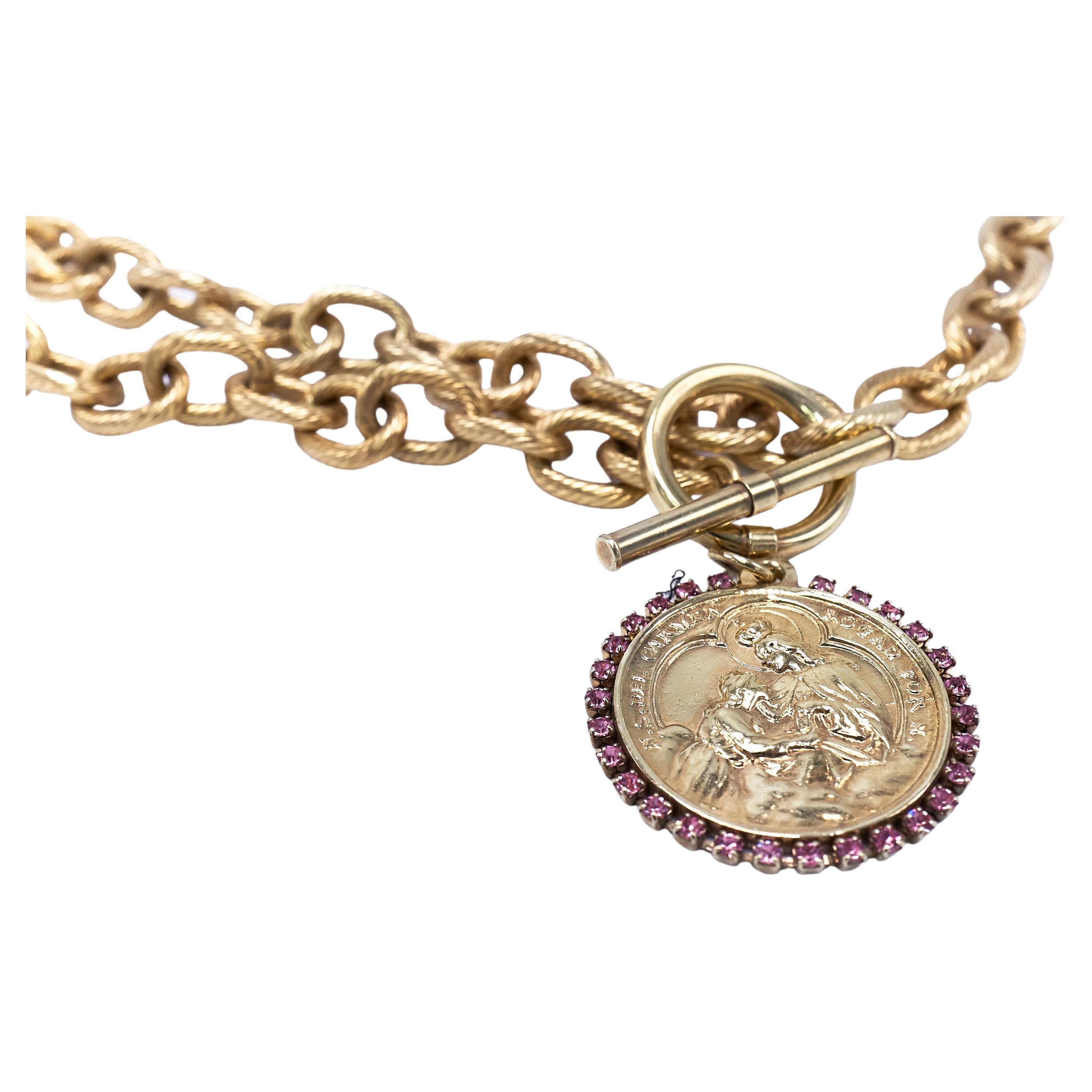 Choker-Halskette, Medaillon, rosa Kristall, Jungfrau Maria, vergoldet, J Dauphin im Angebot