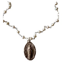 Medal Rosario Pearl Chain Necklace Virgin Mary French Vintage
