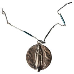Medal Silver Chain Necklace Black Diamond Blue Enamel