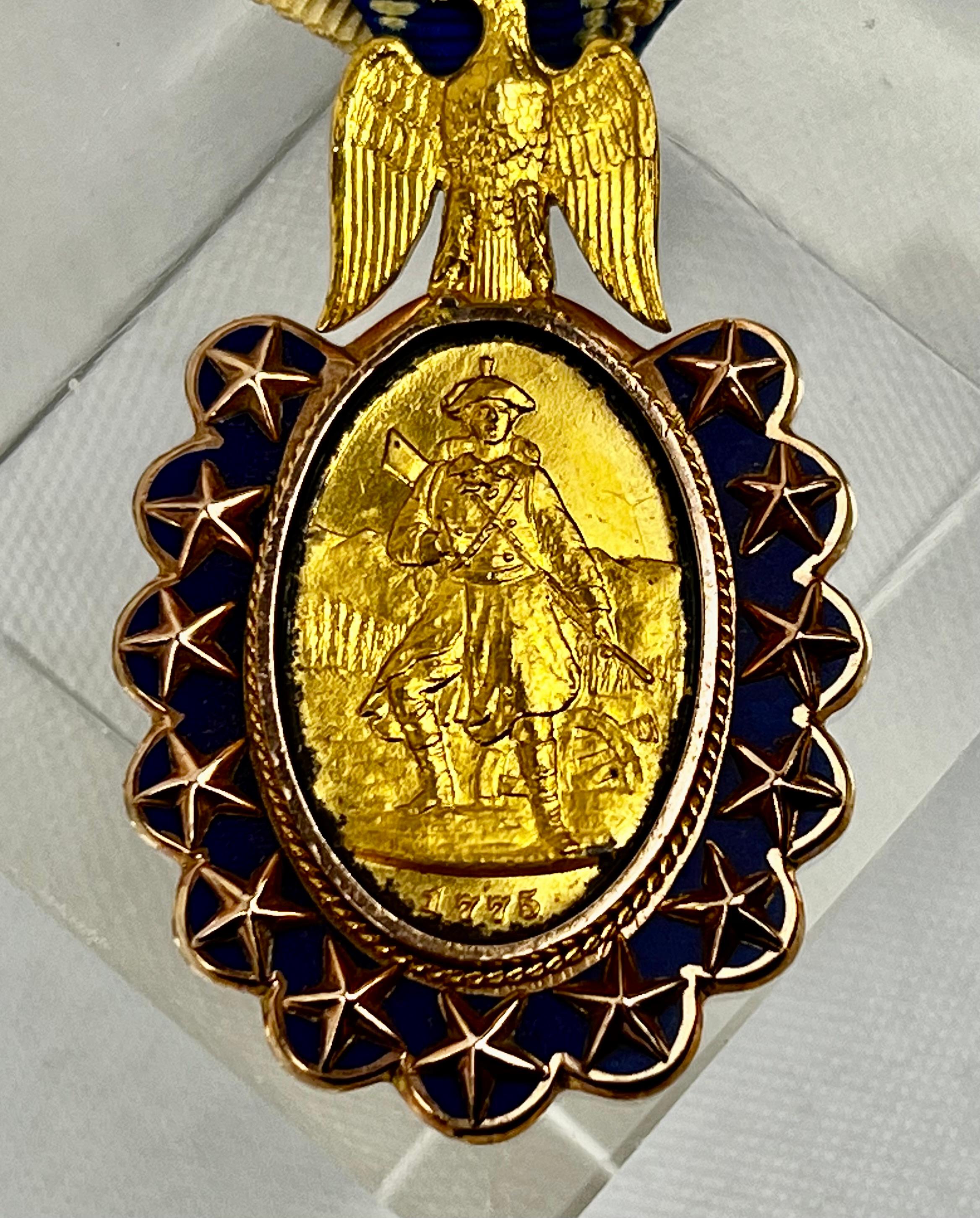 Medal-Sons of the Revolution made by Bailey, Banks & Biddle of Philadelphia in 1883.  The oval front motif is of a continental soldier and marked below the year, 1775.  The oval frame is surrounded by thirteen stars and cobalt blue enamel with an