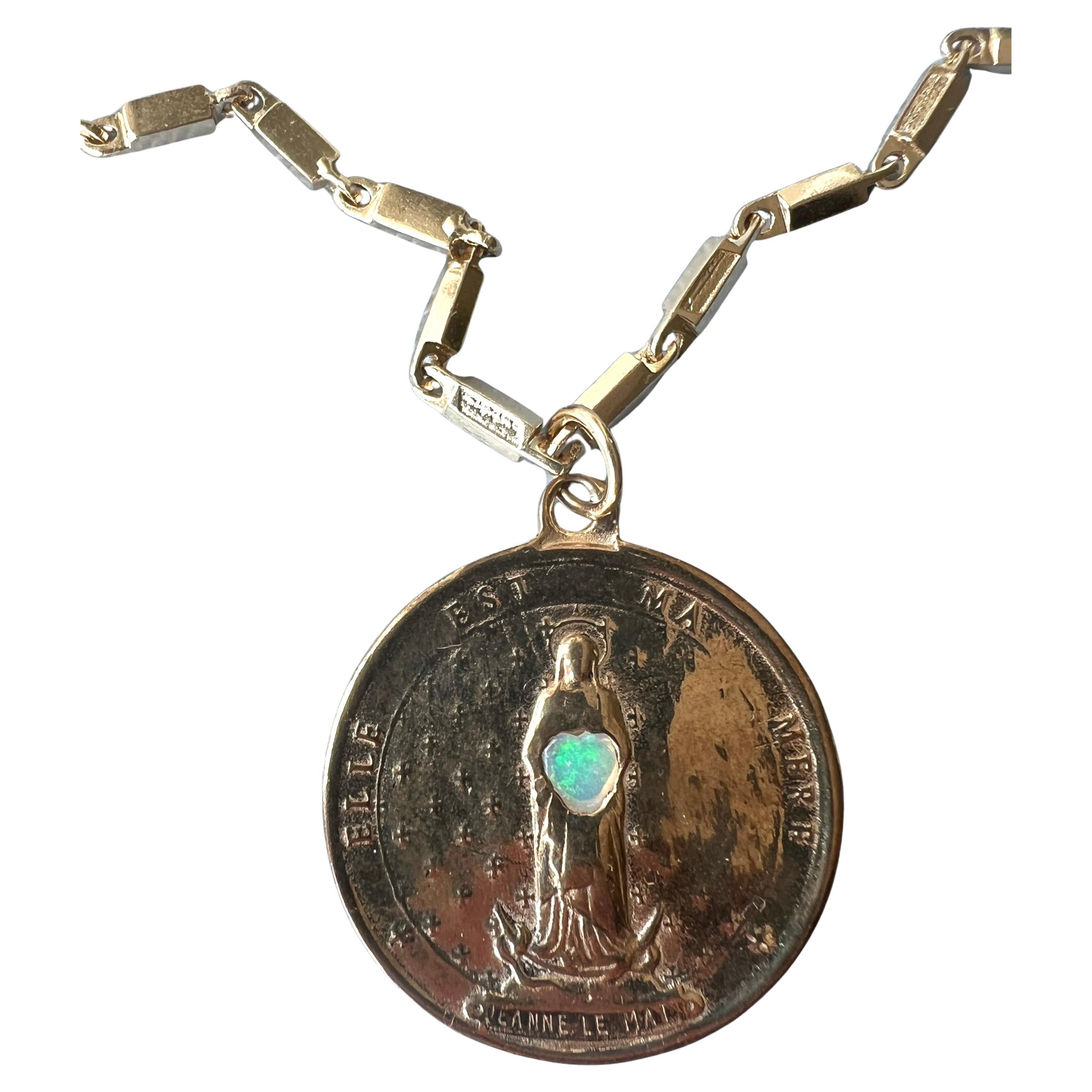 Medal Virgin Mary Chain Necklace Opal Heart