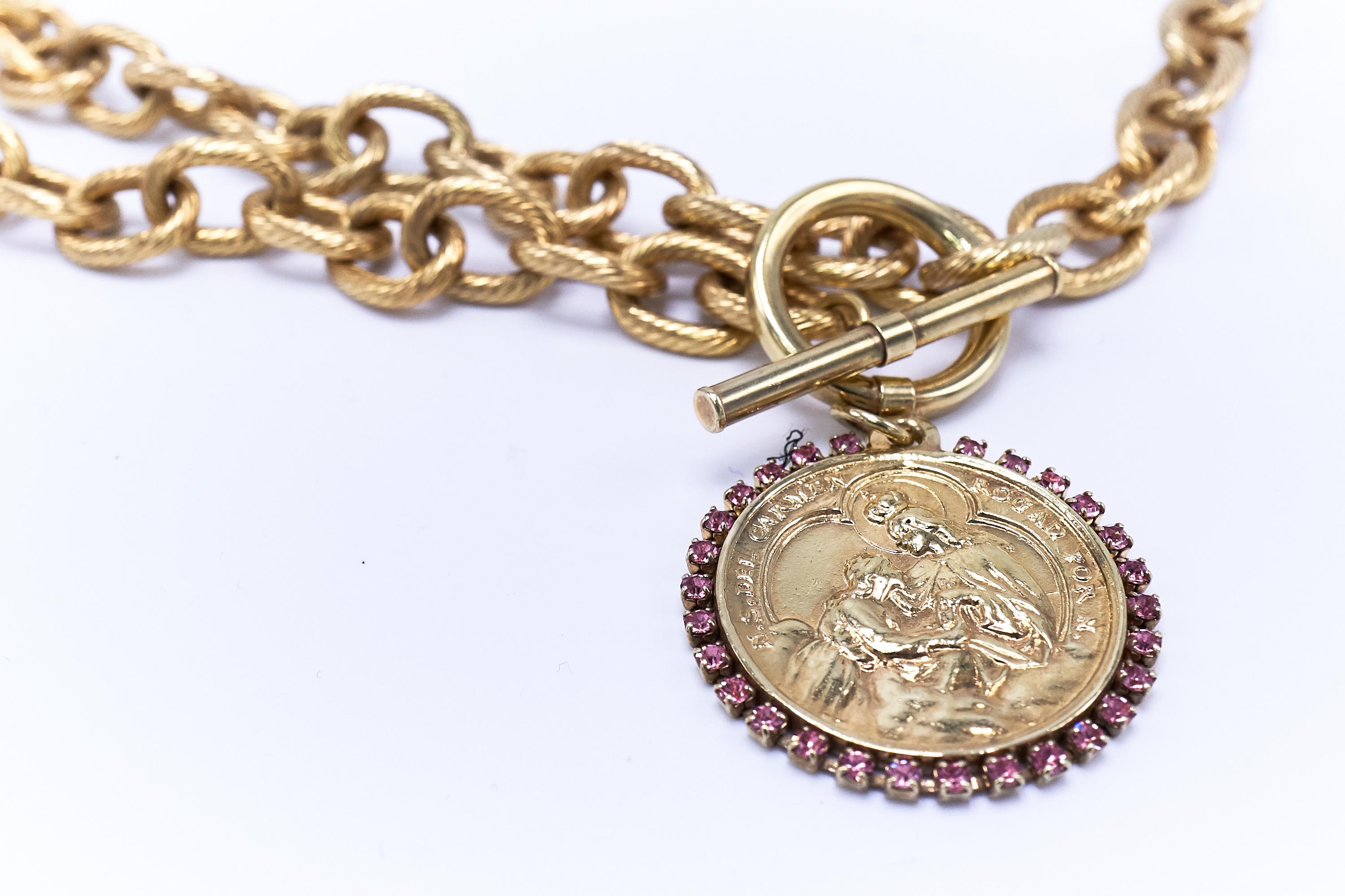 Contemporary Medal Virgin Mary Choker Chain Necklace Pink Crystal For Sale
