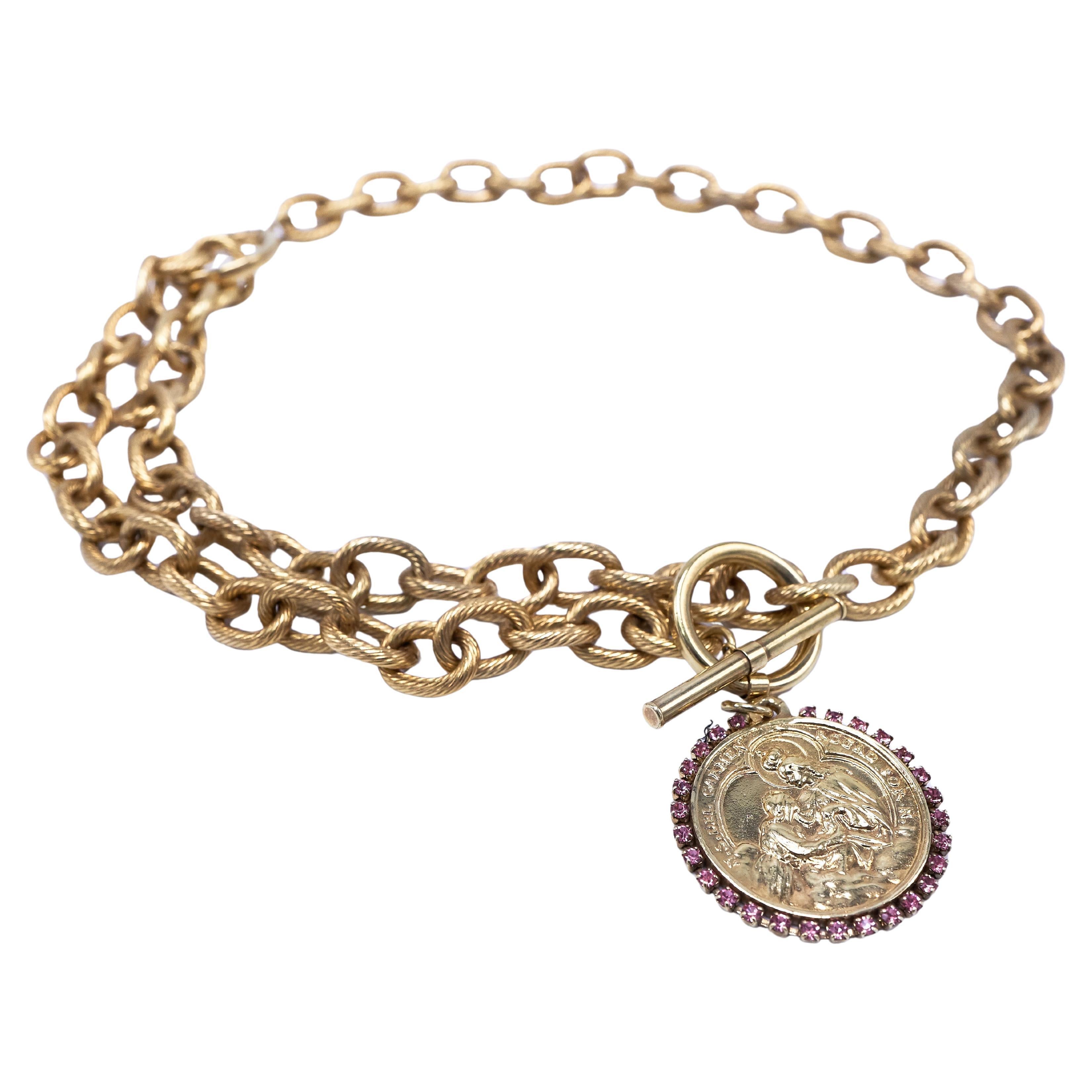 Medal Virgin Mary Choker Chain Necklace Pink Crystal