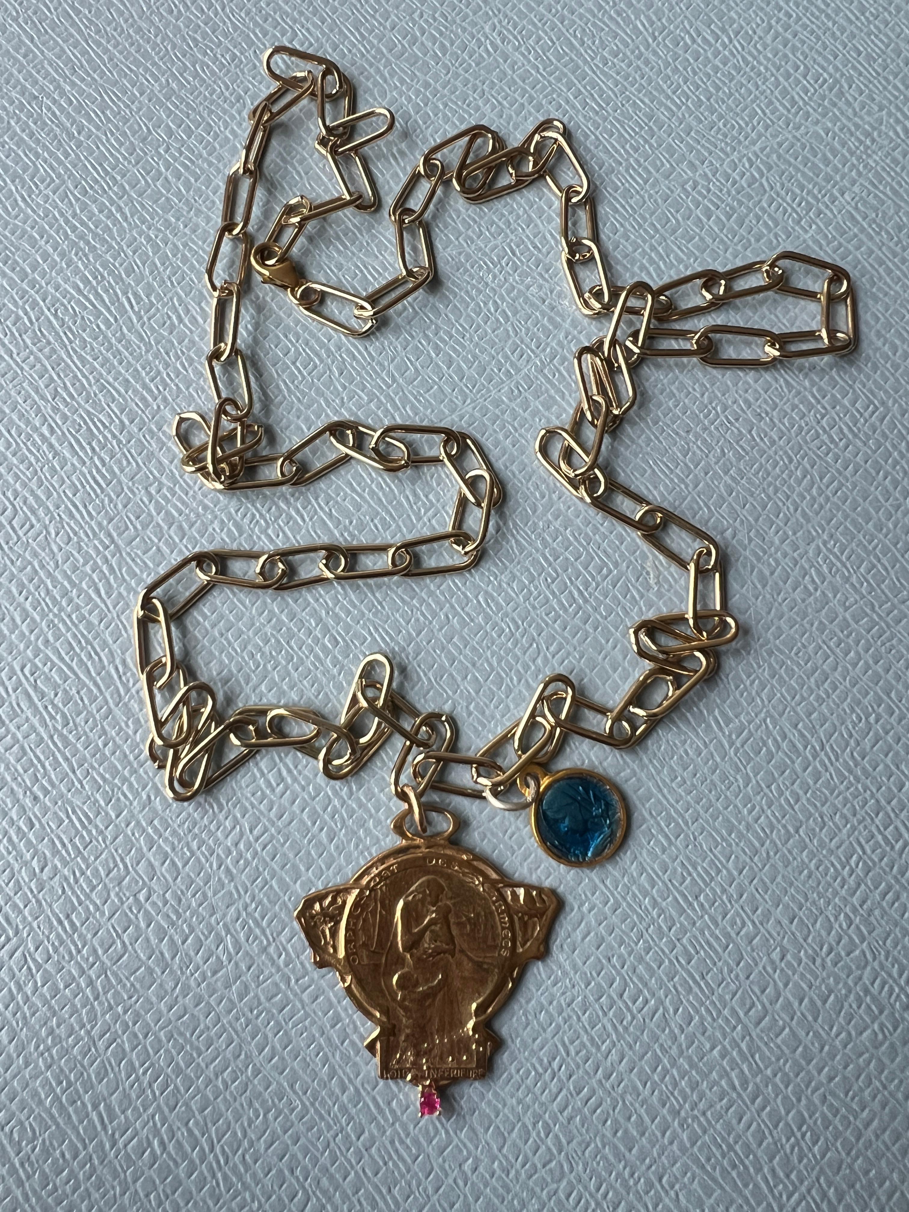 Halskette mit Rubin-Rubin-Medaille-Halskette Jungfrau Maria Vintage Blau Emaille J Dauphin 4